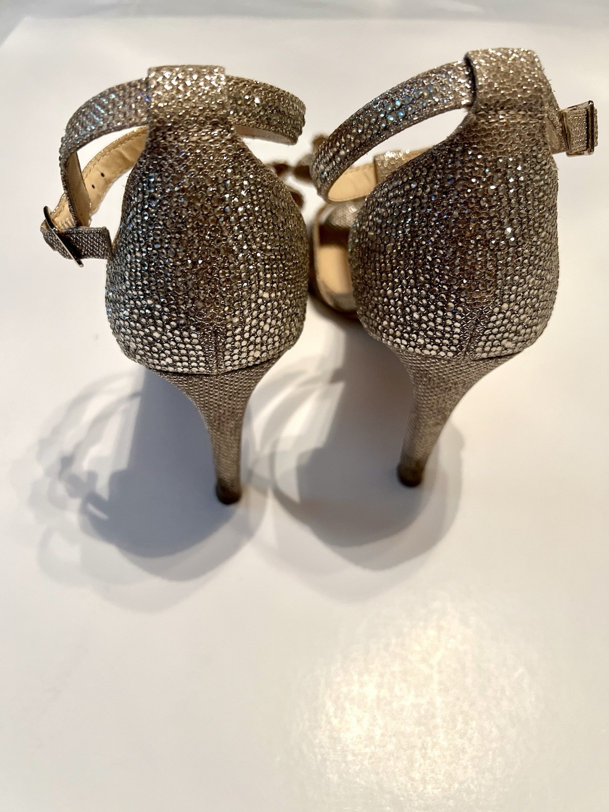 MARIPÉ Gold Glitter Bow T-Strap Strappy Stiletto Heel Buckle Open Toe 10