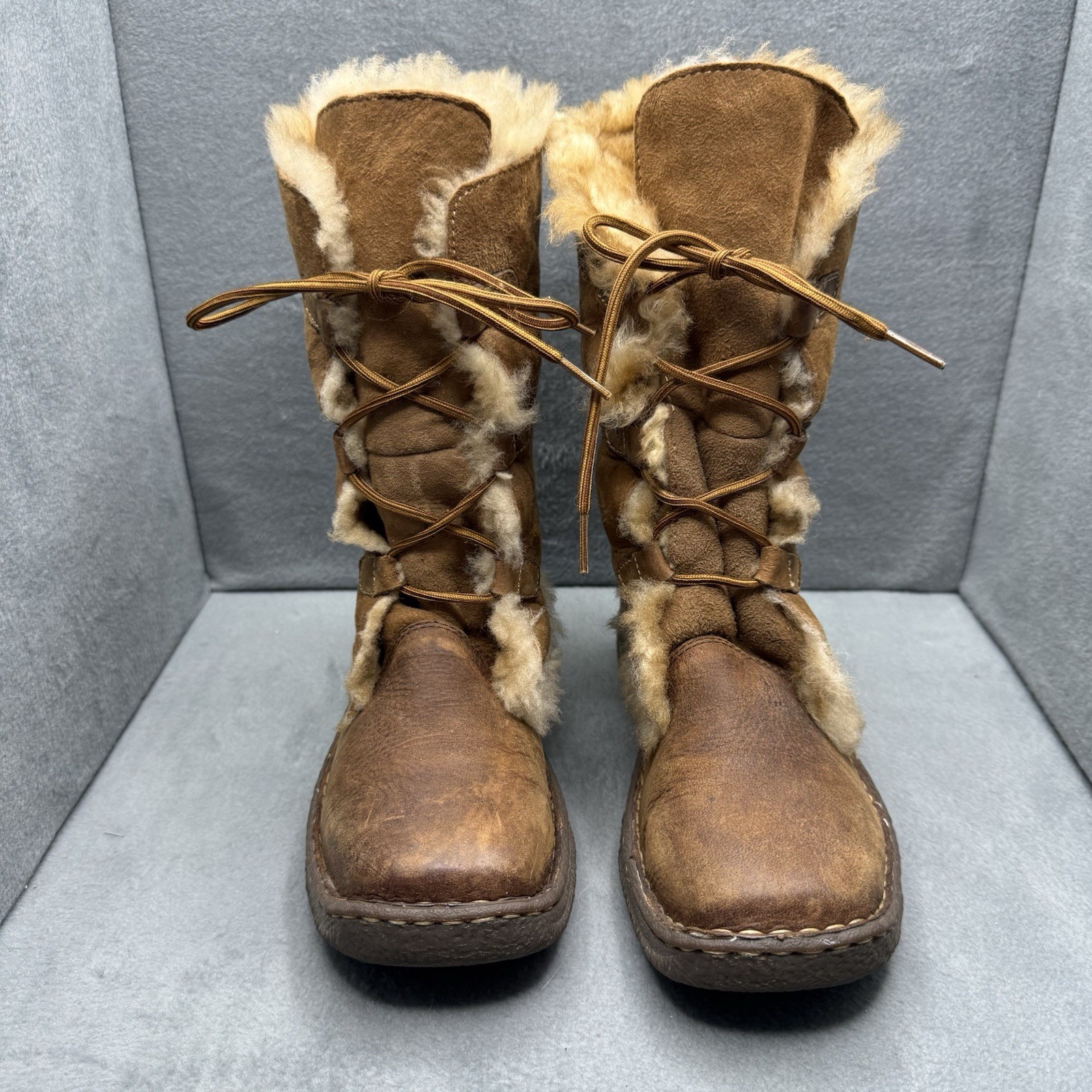 Born Yuma Women’s 6 Brown Leather Shearling Lined Lace-Up Mid-Calf Boots