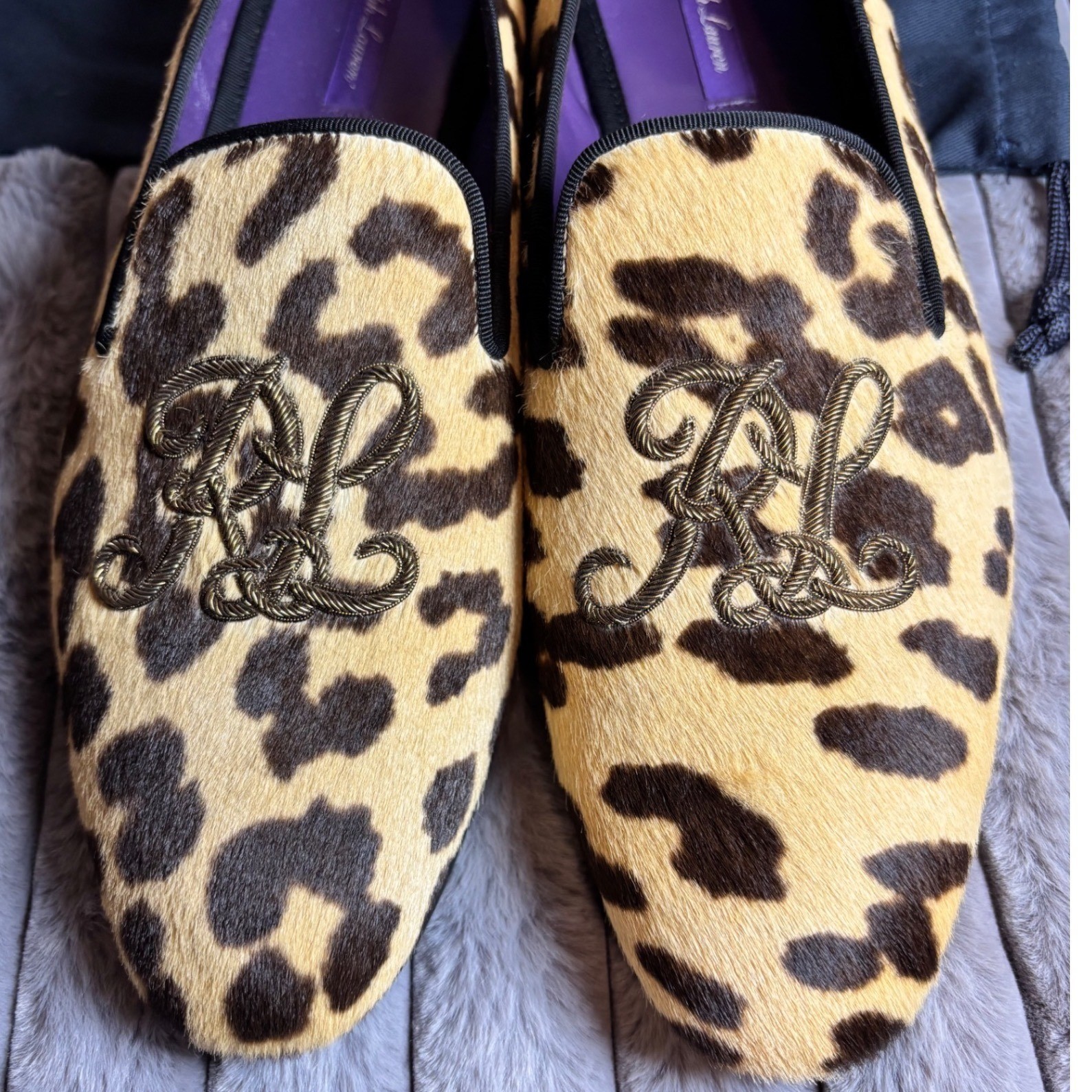 Ralph Lauren Purple Label Alonzo Loafers WMN 38.5 Leopard Calf Hair RL Monogram