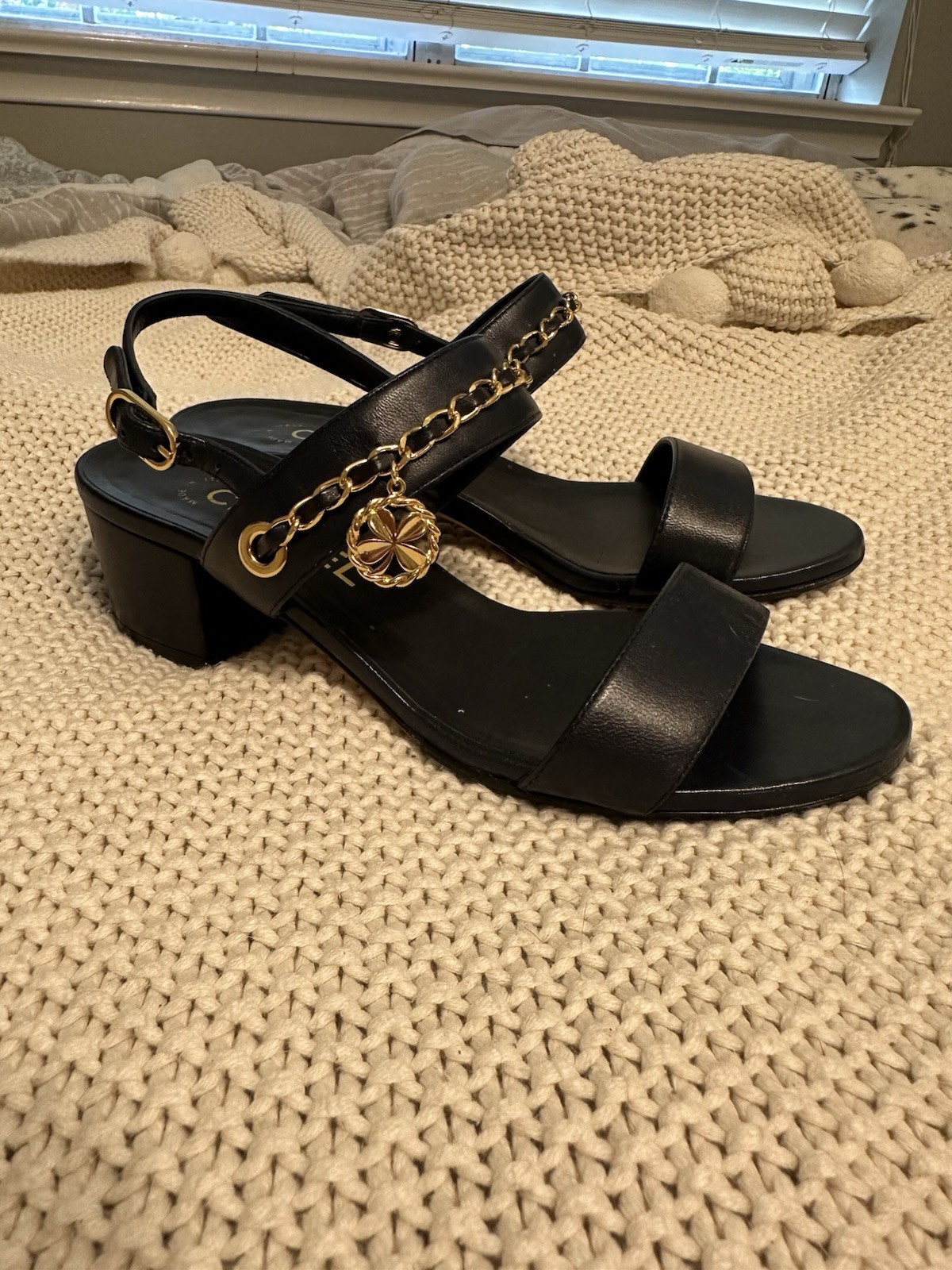 Navy Blue Chanel Chunky Heel Sandals with Gold Chain Size 36 Made In Italy