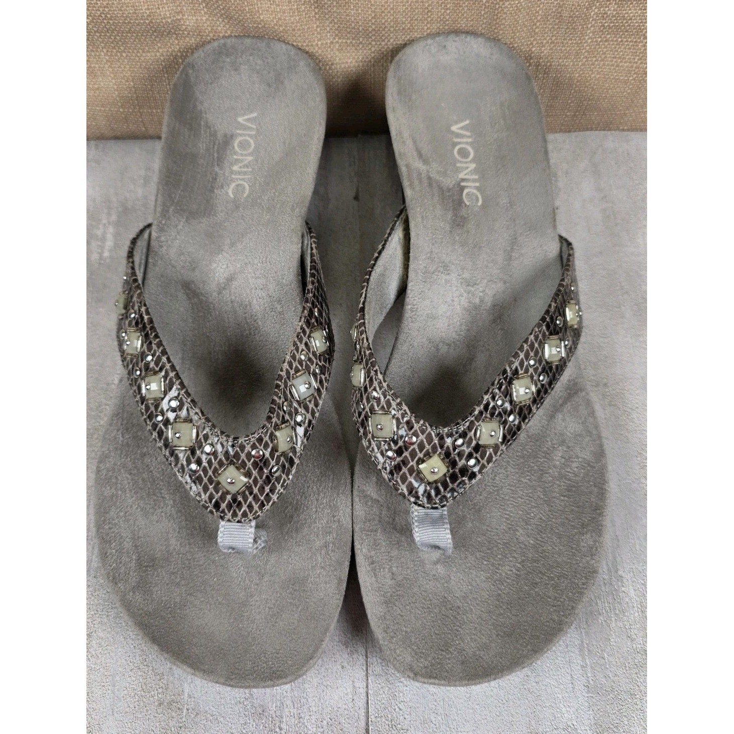Vionic Marceau Jewel Studded Snake Print Brown Gray Wedge Heel Sandals Size 9.5