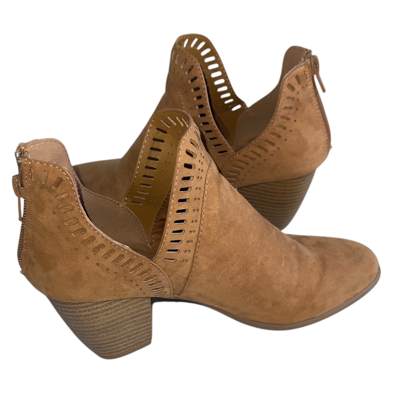 Brown Suede Ankle Booties 5 Block Heel Zip Square Toe Boho Western Minimalist