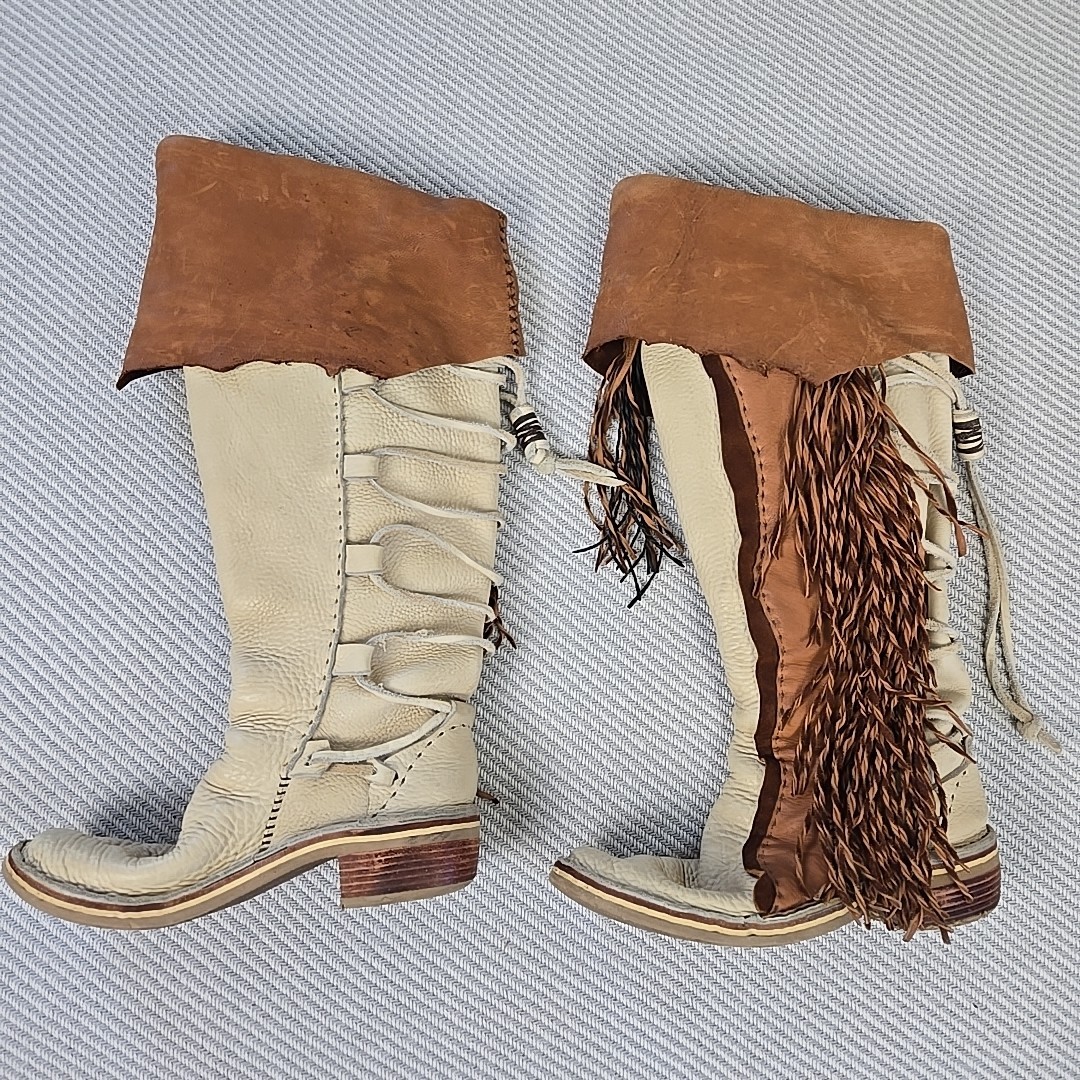 VTG 70s Hand Made Fringed Leather Western Boots Over Knee Concho Womens 9 USA