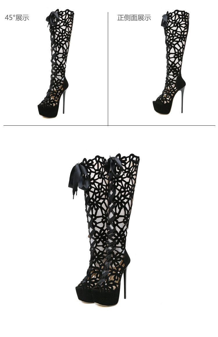 Women’s Knee High Summer Long Boot Hollow Out Studded Sandal Heel Platform Shoes