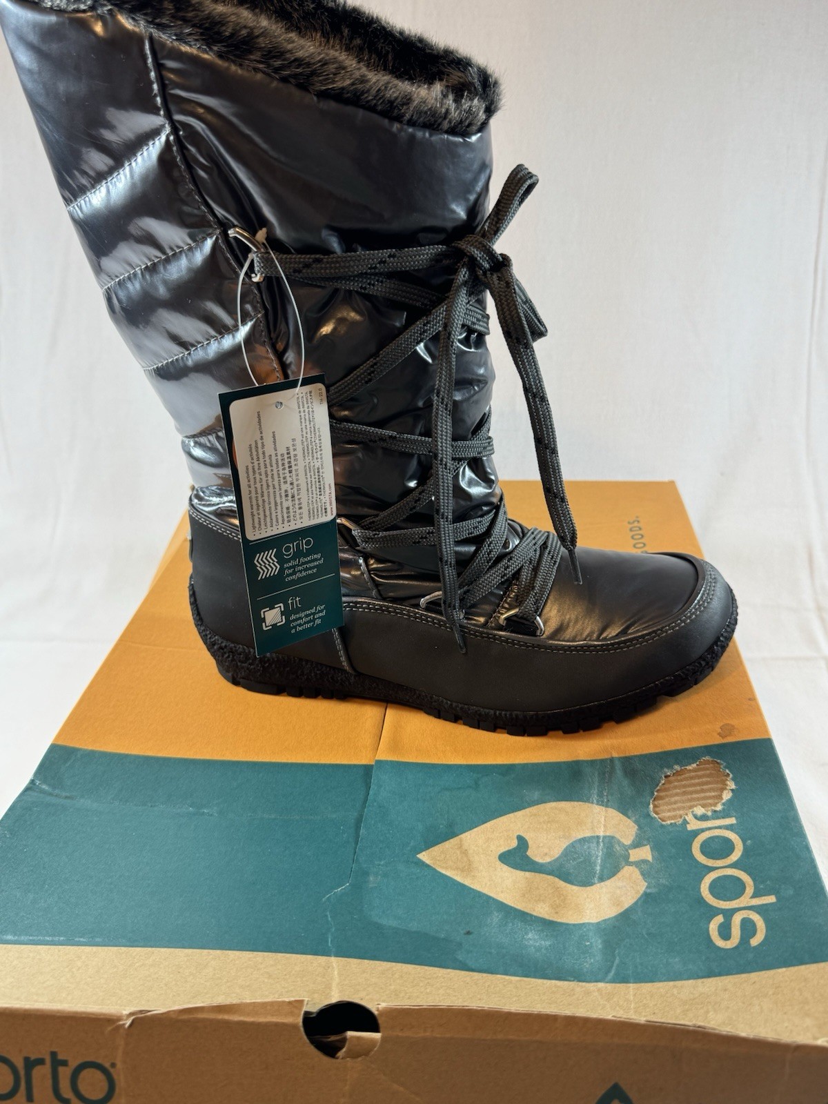Sporto Charlie Waterproof Lace-Up Winter Boots Black Faux Fur Trim Women 7.5 M