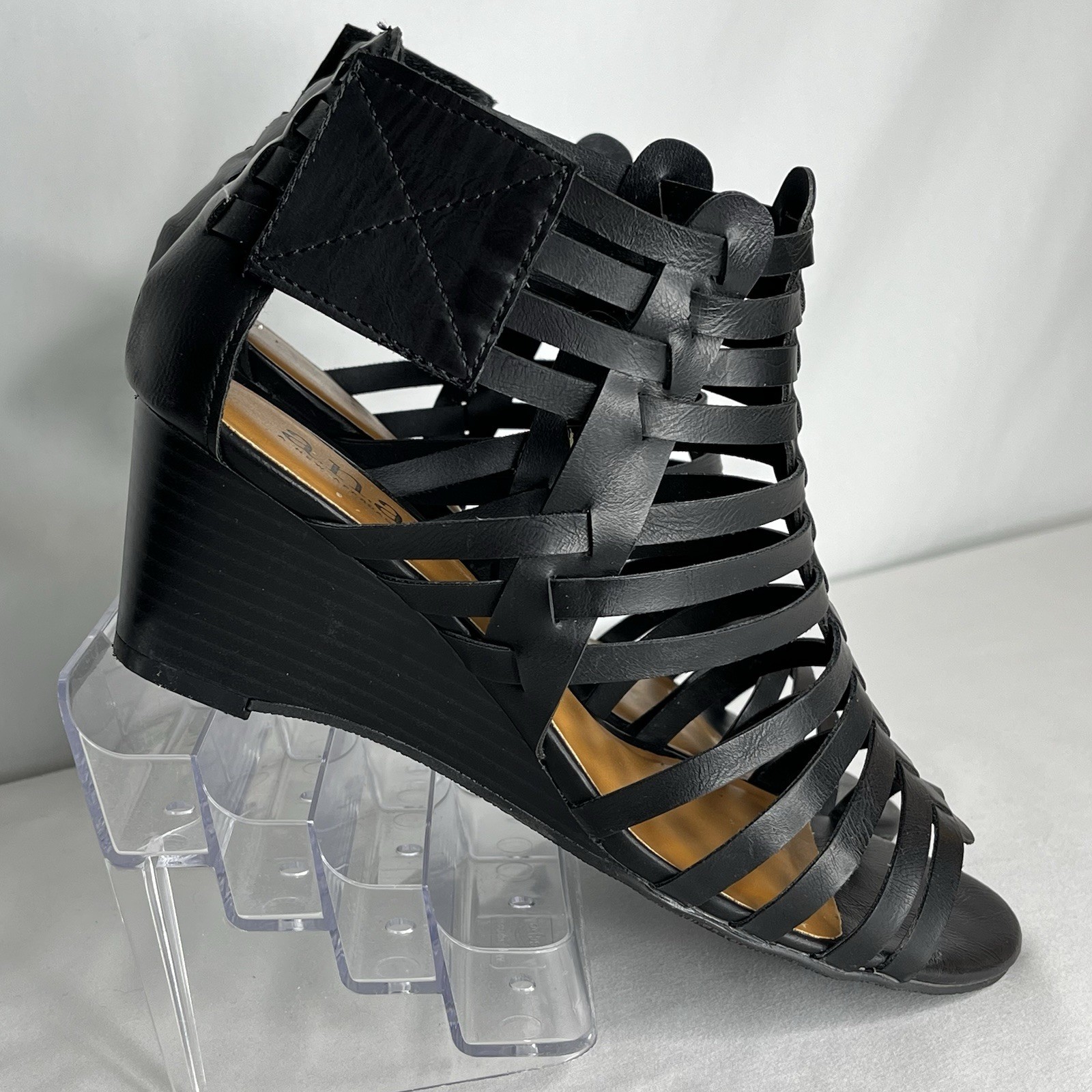 A.N.A. Meadow Wedge Sandals Womens 7.5W Black Gladiator Strappy Comfort