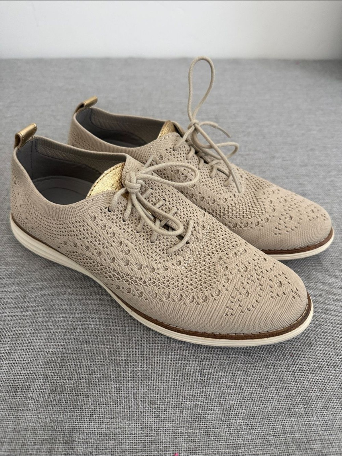 Cole Haan original grand Beige Knit Lace-Up Sneakers with Gold Accent