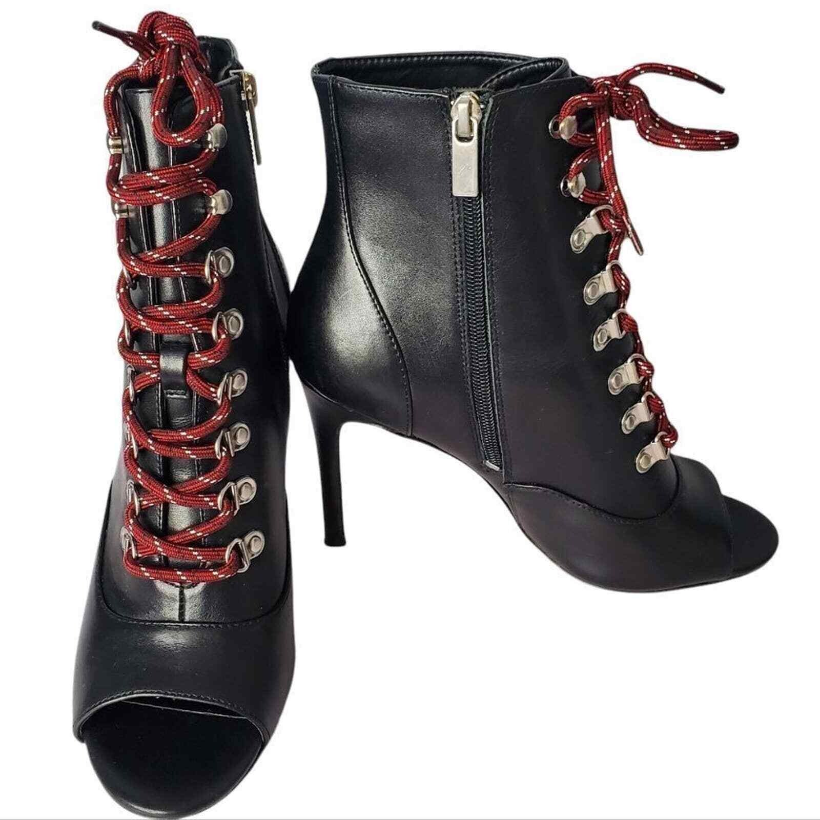 Charles David 5M Charlye Black Leather Red Lace Up Peep-Toe 3.75″ Hi-heel Boots