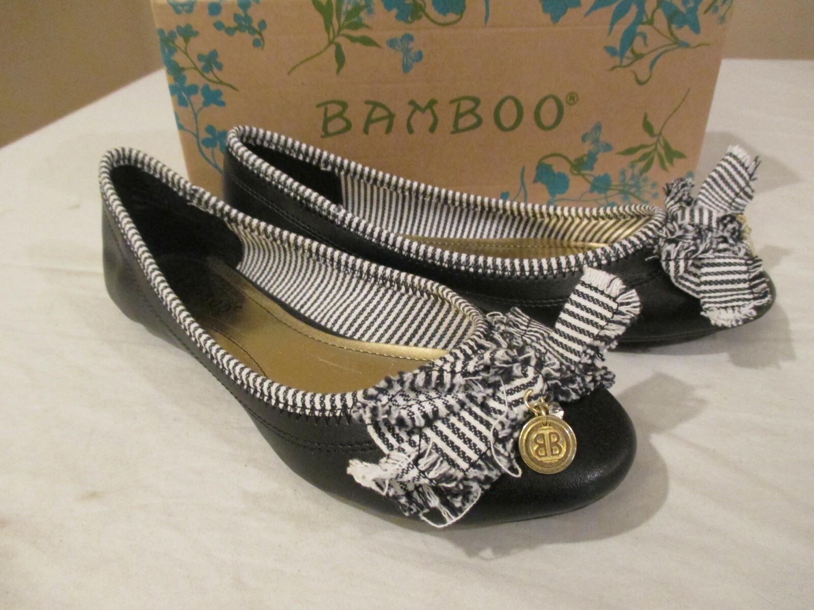 BAMBOO Stripe Bow Ballet Slipper Women’s Shoe Sz 6 M Mint in Box Black & White