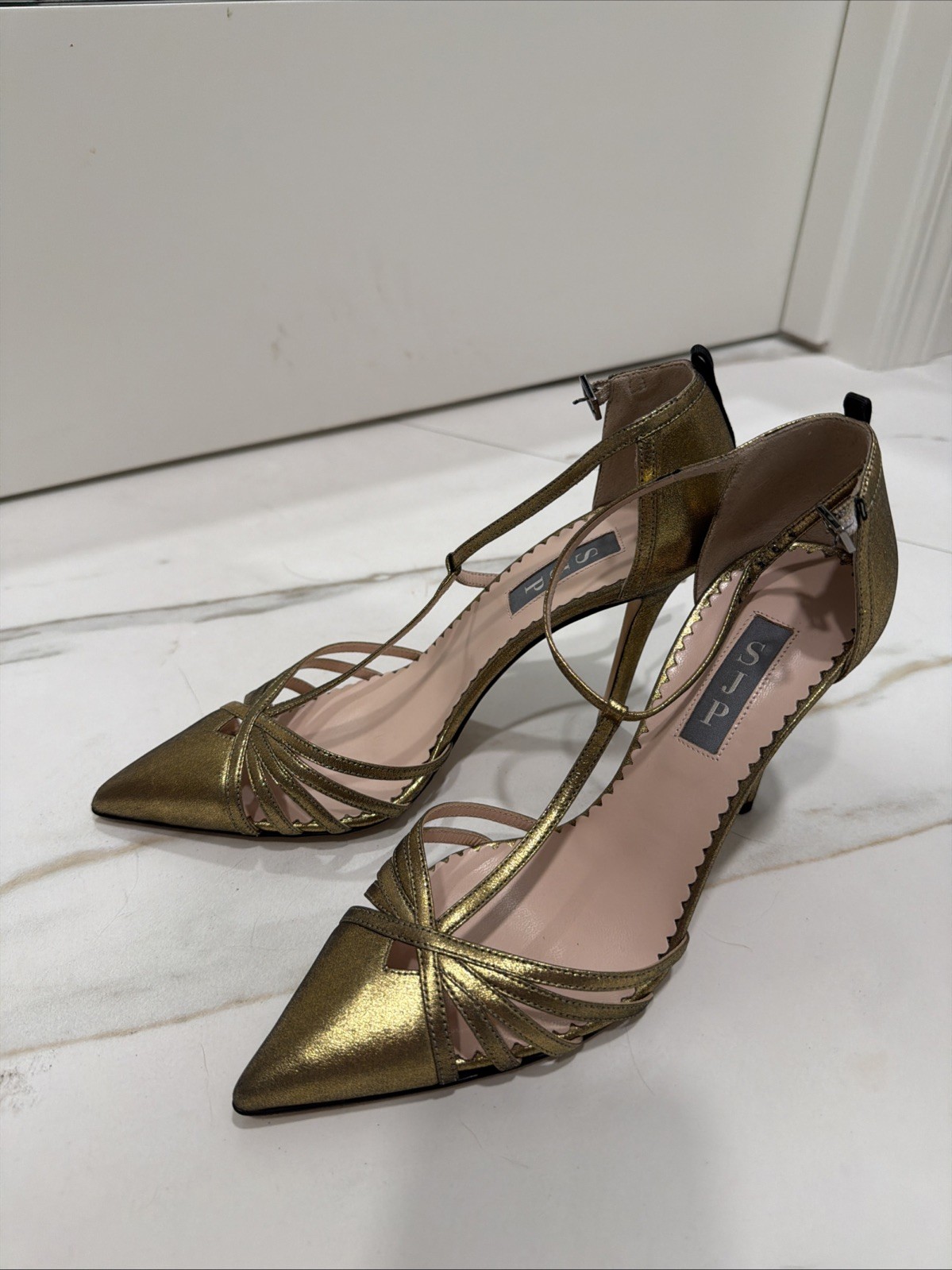 SJP by Sarah Jessica Parker Gold Metallic Strappy Pointed Toe Heels Pumps 37.5