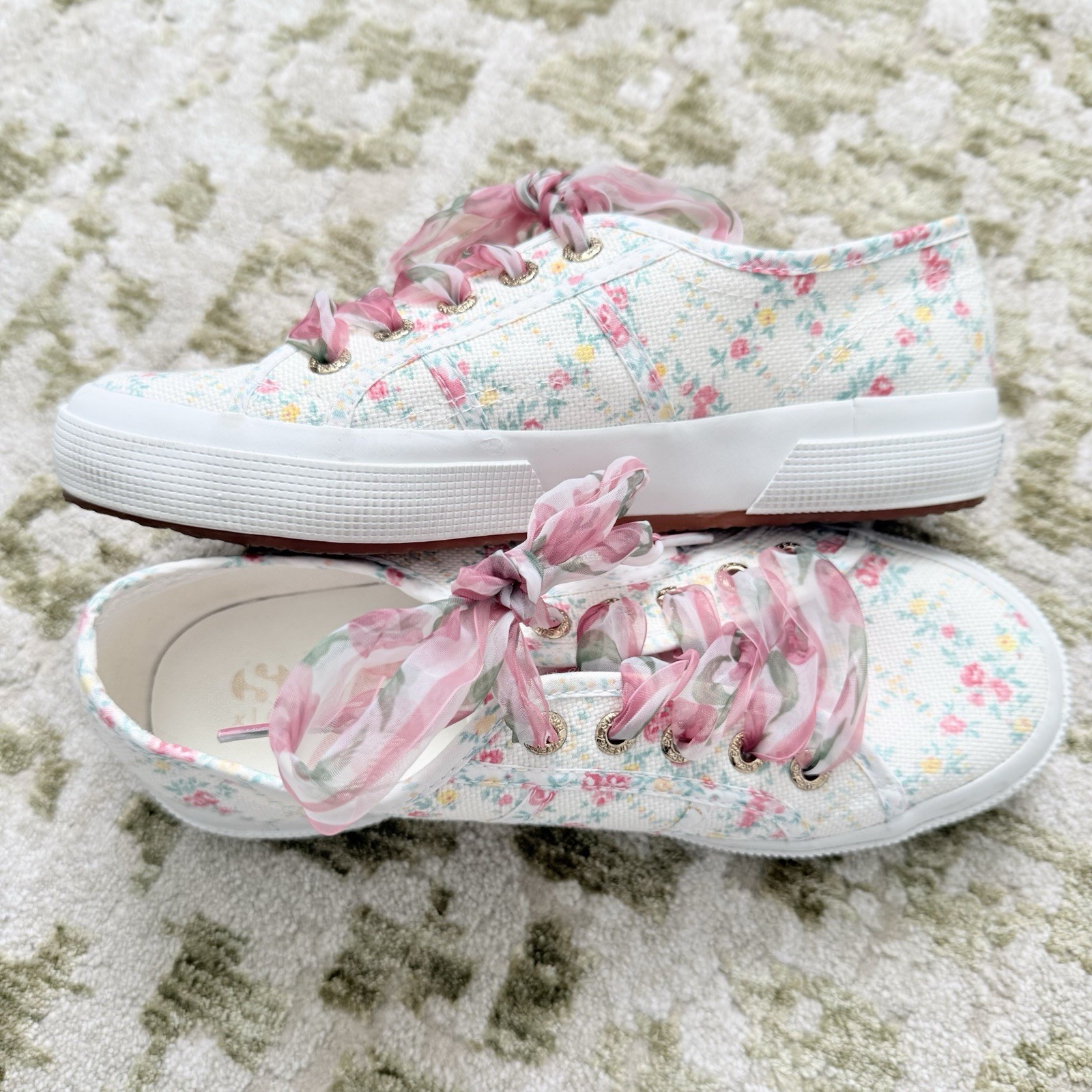Superga x LoveShackFancy Floral Ribbon Sneakers Size 37 White Pink