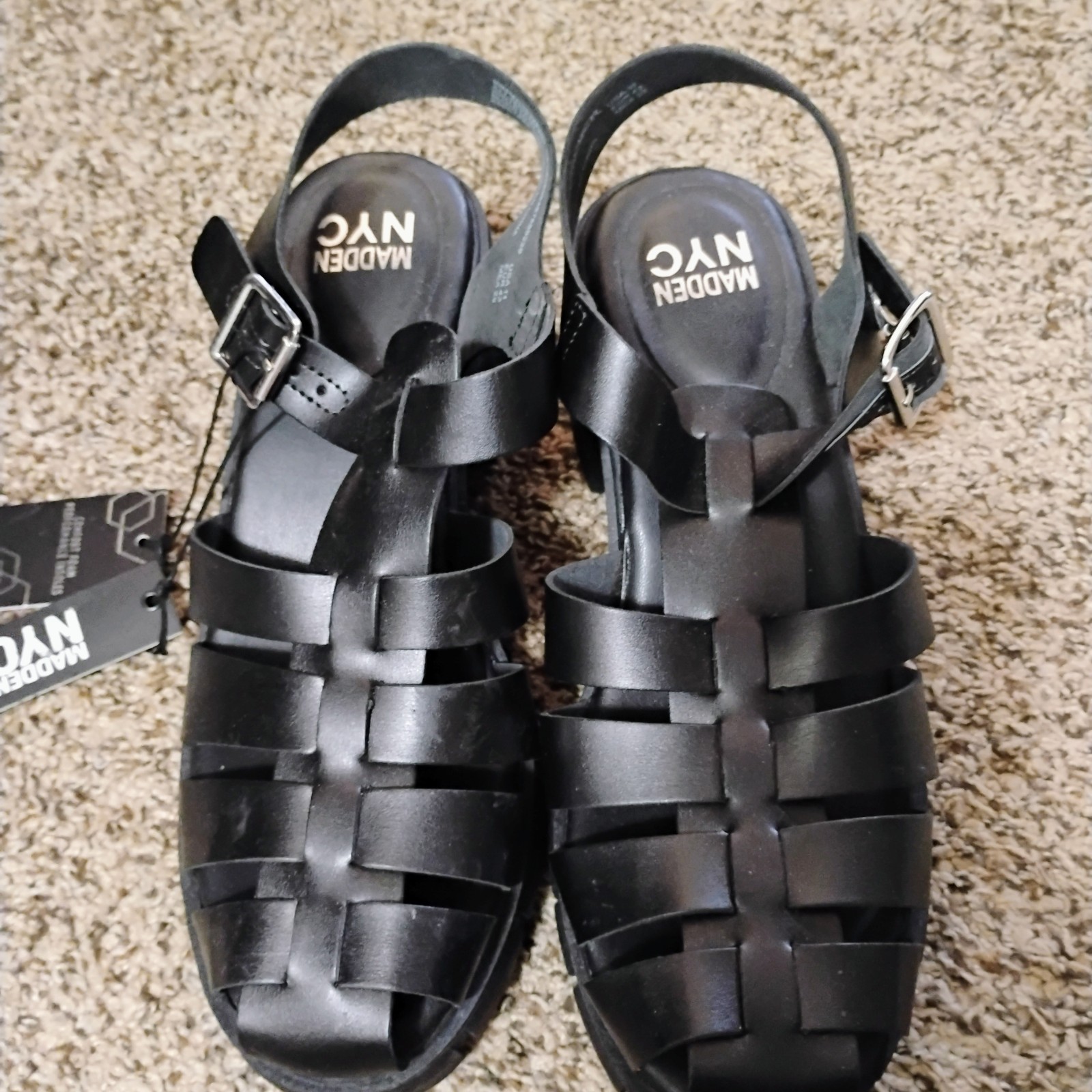 Madden NYC Fisherman Sandals11 Black Chunky Heel Adjustable Straps Vegan Leather