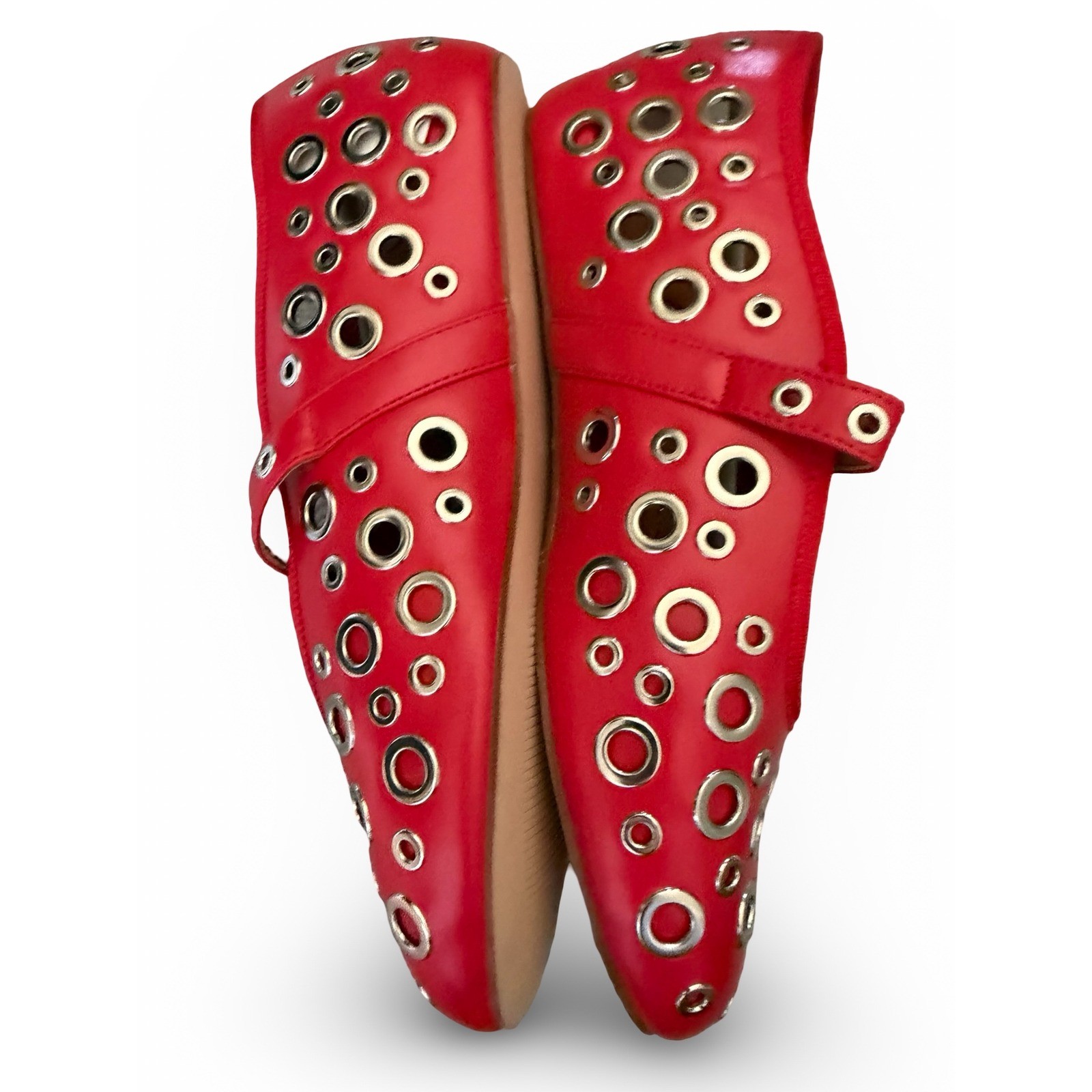 Red Grommet Mary Jane Flats Buckle Strap Eyelet Shoes Womens 8.5 NEW