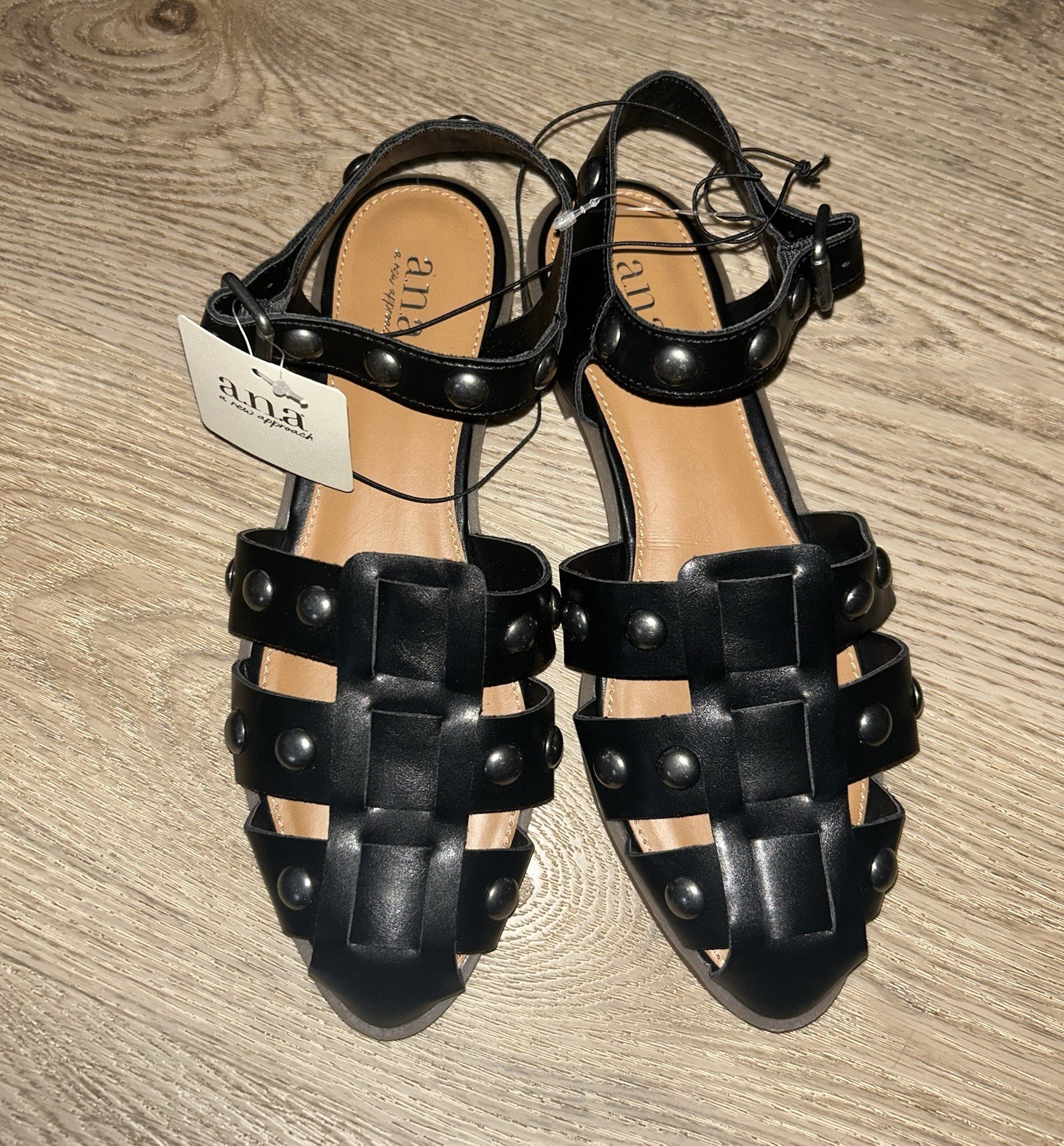 a.n.a Black Studded Strappy Ankle Strap Sandals Faux Leather Buckle 7 M