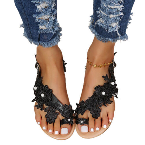 Women Floral Flat Flip Sandals Toe Ring Flops Slippers Summer Beach Casual Shoes