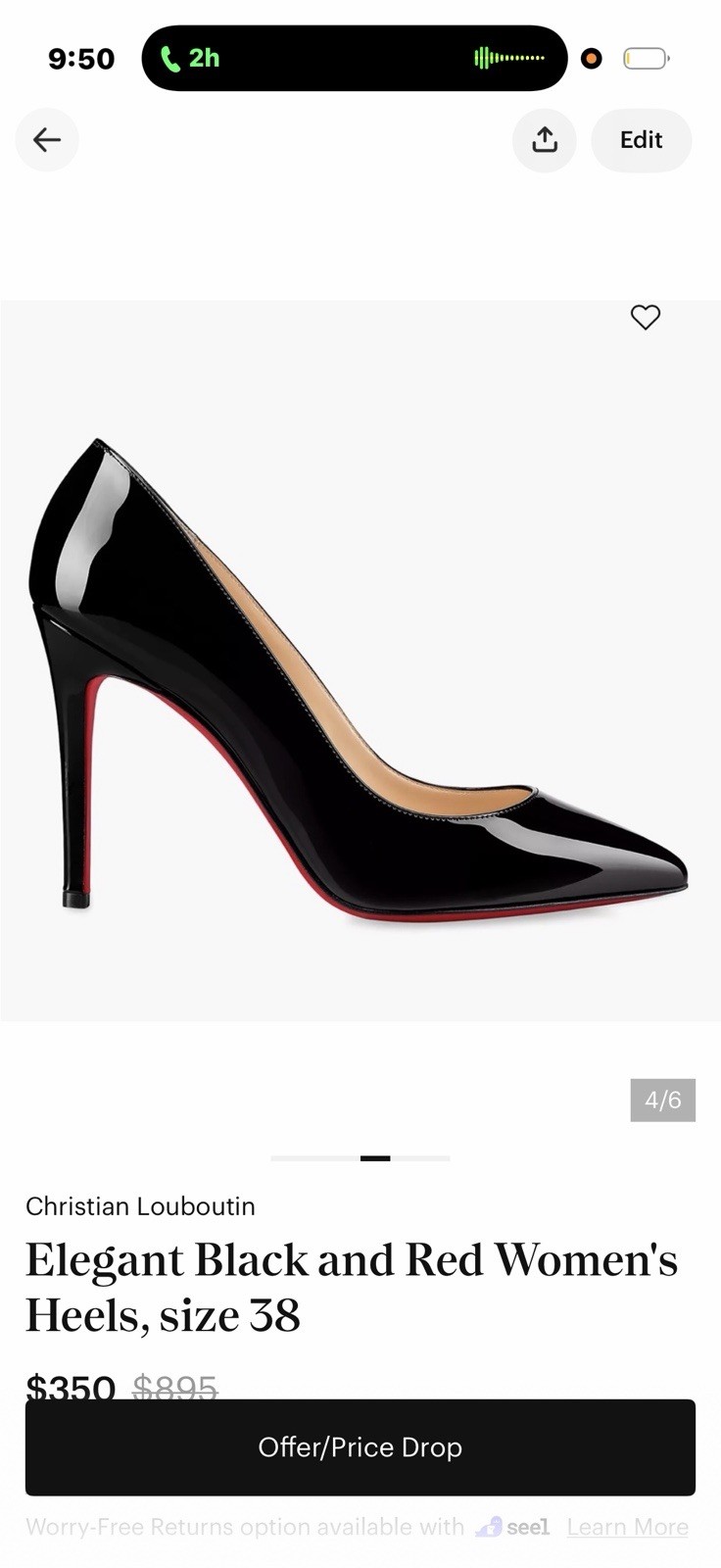 Christian Louboutin Black Patent Leather Pointed Toe Pump Red Sole EU 38