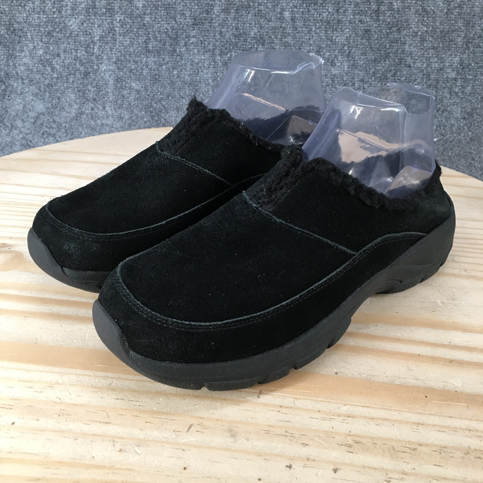 Lands End Shoes Womens 8 B Black Suede Slip On Clog Faux Fur Lined Comfort