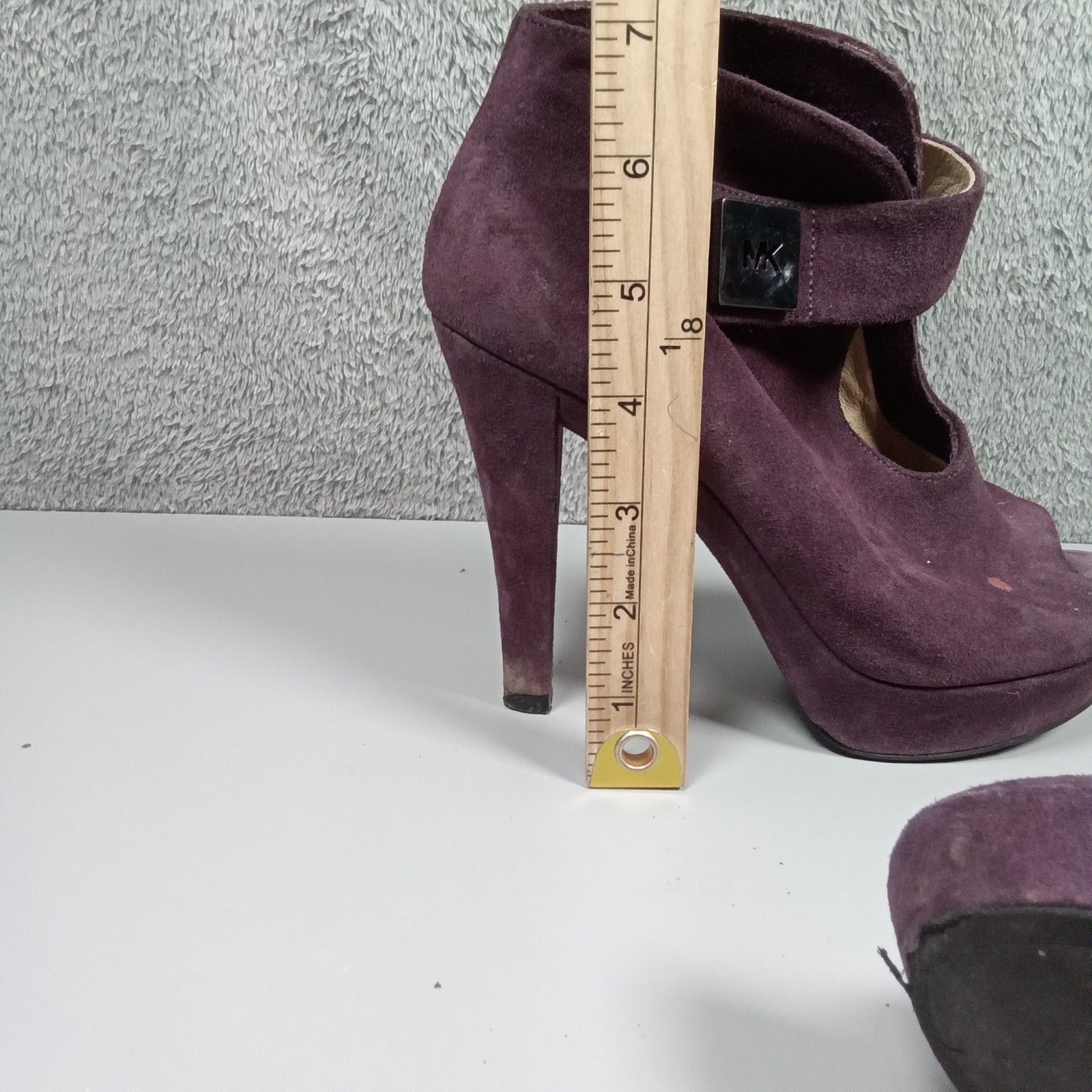 Michael Kors Plum Purple Suede Peep Toe Platform Ankle Boots MK Logo 7M