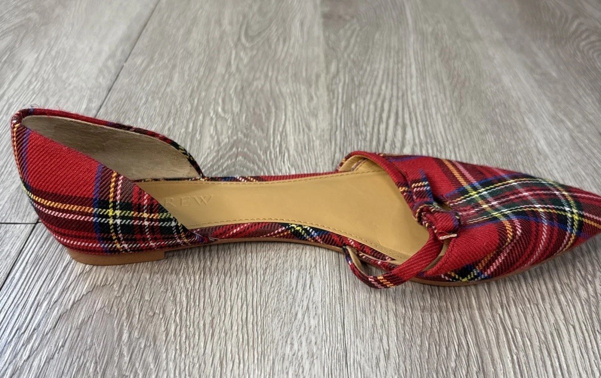 J. Crew Tartan Plaid Mini Bow Flats Women’s Red Plaid Pointy Toe Preppy Size 8