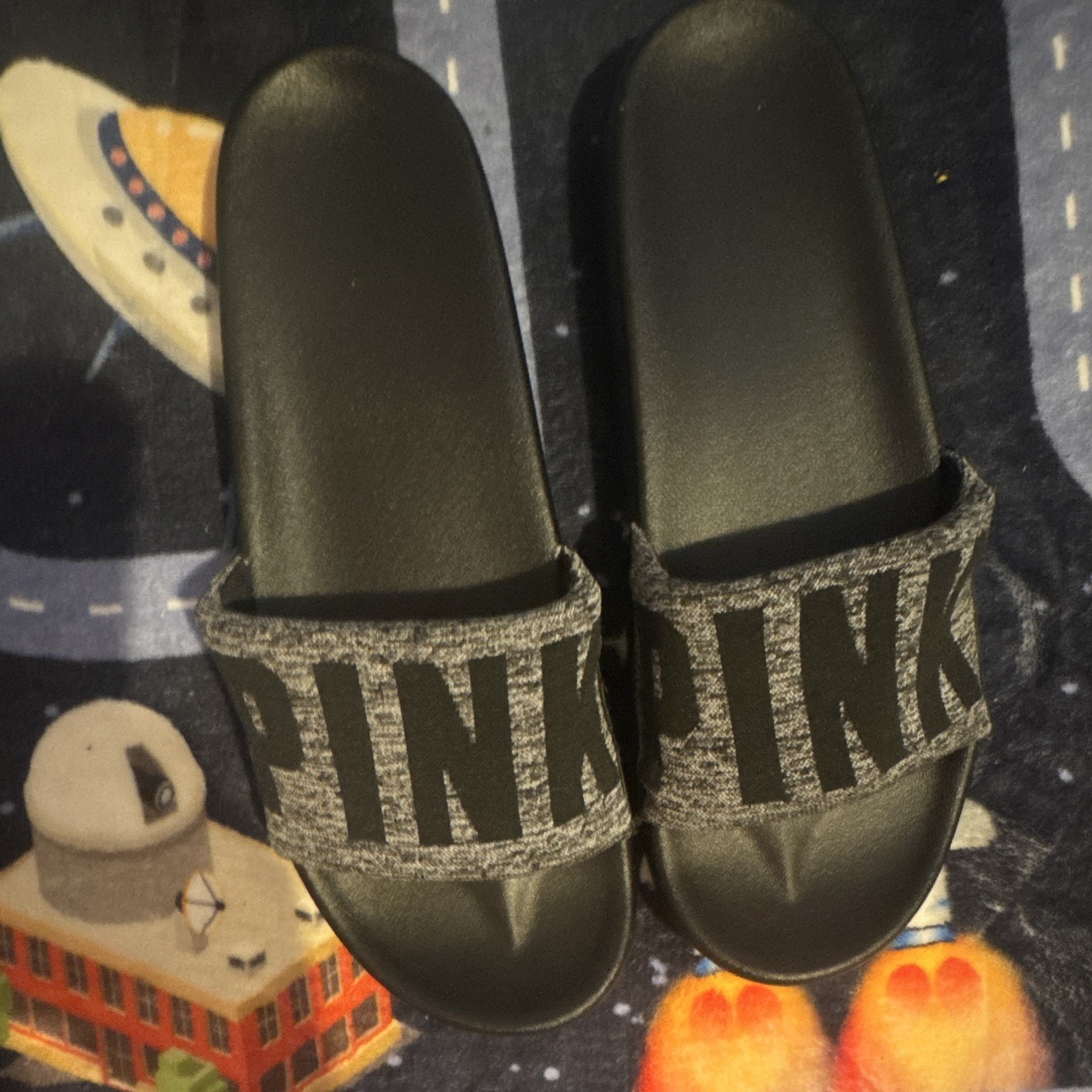 PINK Women’s Logo Strap Slide Sandals Slip-On Black/Gray Size medium