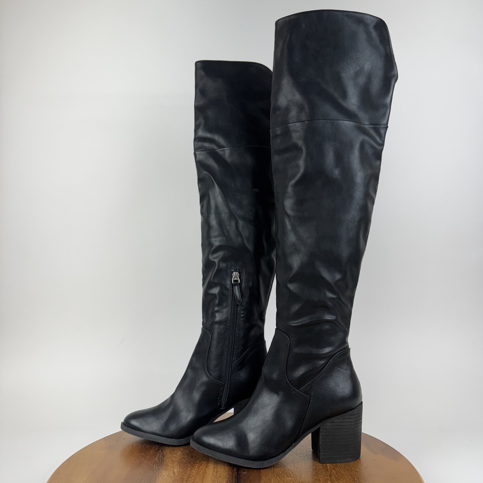 New Womens BP Luke Black Faux Leather Over The Knee Heeled Boots Size 5.5 M NWOB