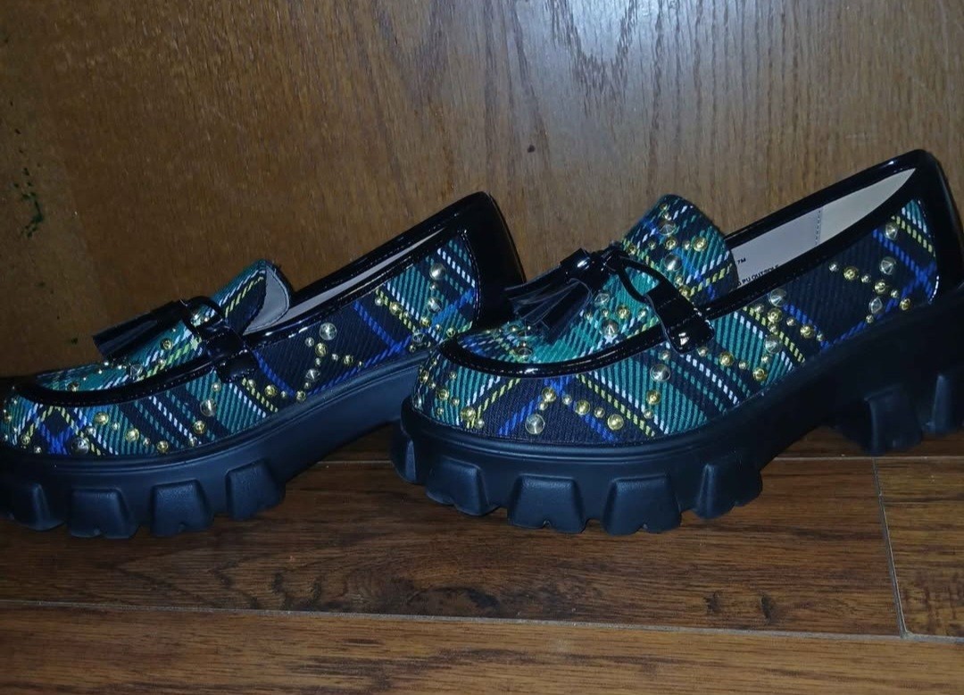 Women’s Blue Green Black Plaid Slip-On Loafer Flats Round Toe Tassels 7