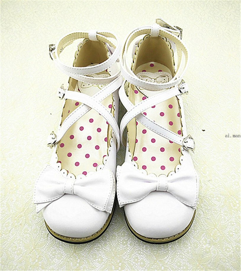 Women Lolita Low-heeled Mary Jane High Heel Cross Straps Bow Knot Princess Shoes