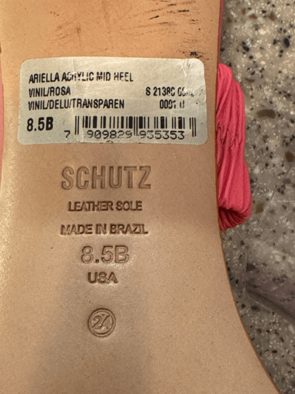 SCHUTZ Ariella Acrylic Mid Heel Mule Sandal Clear Vinyl Strap Pink