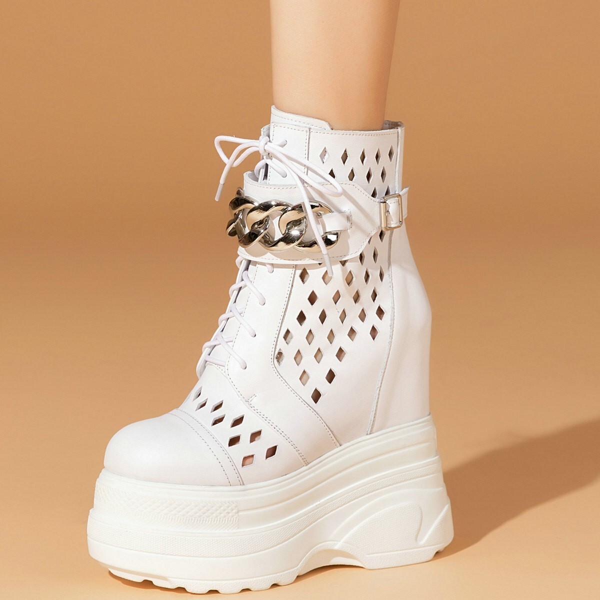 16cm High Heels Women Leather Platform Wedge Ankle Boots Plus Size Sandal Pumps