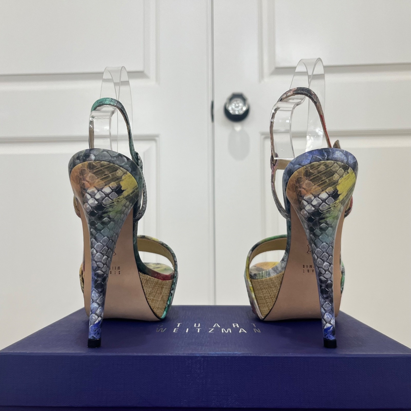 NEW w/ Box Stuart Weitzman «Onceover» Multicolor Python Print Platform Heels – 7