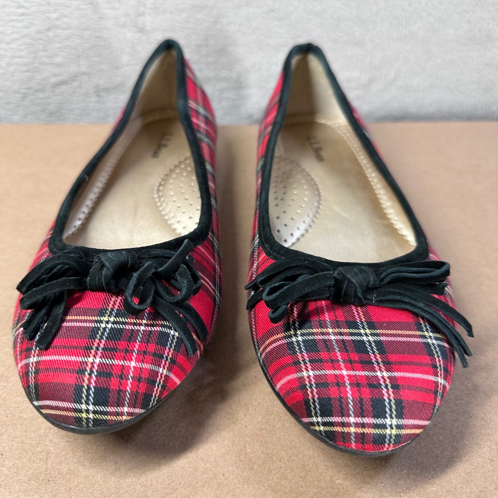 L.L. Bean Ballet Flats Women 8M Red Plaid Stewart Tartan Bow Preppy Holiday