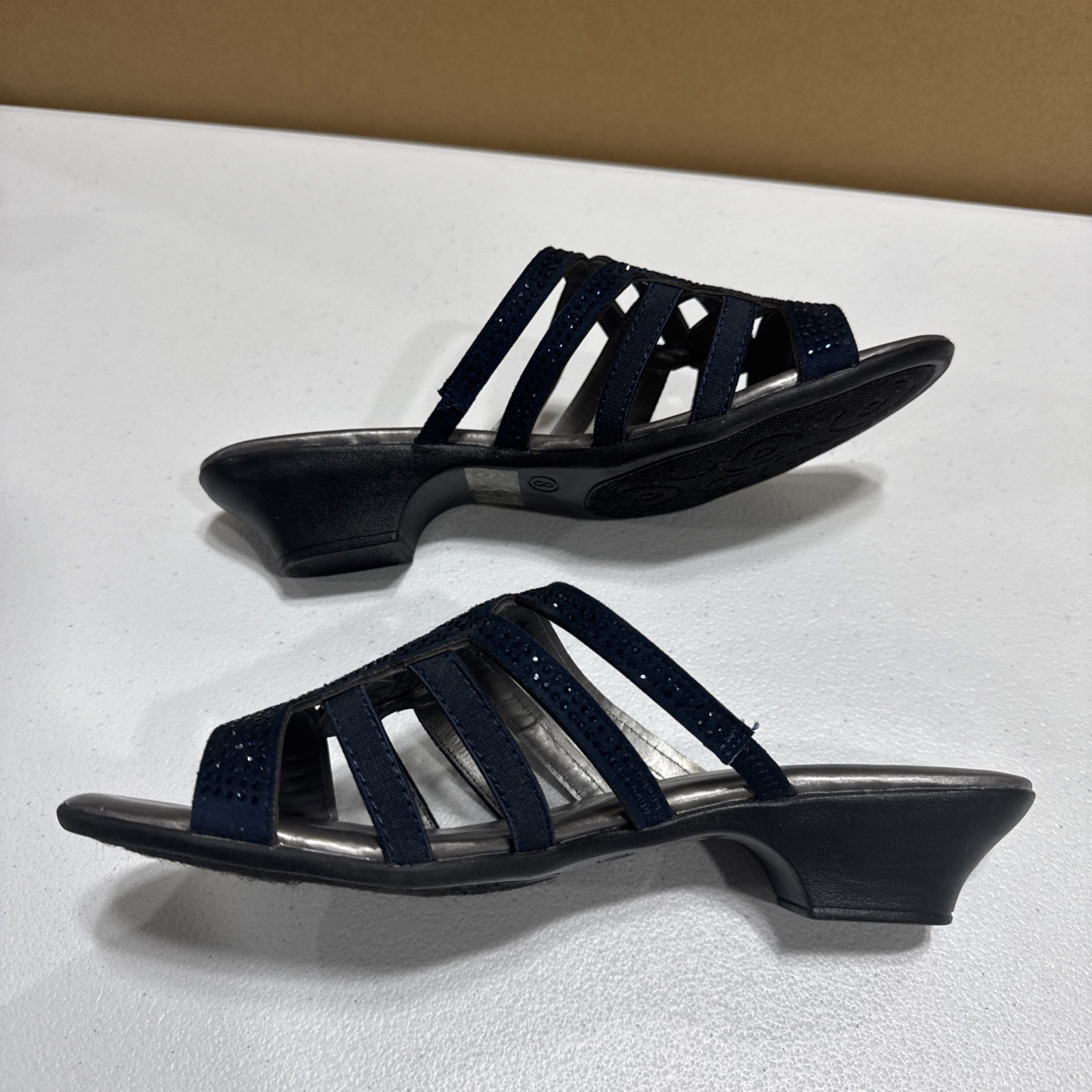London Fog Ellie Navy Stones Slip On Shoes Mules Slides Sandals Low Heel Size 8