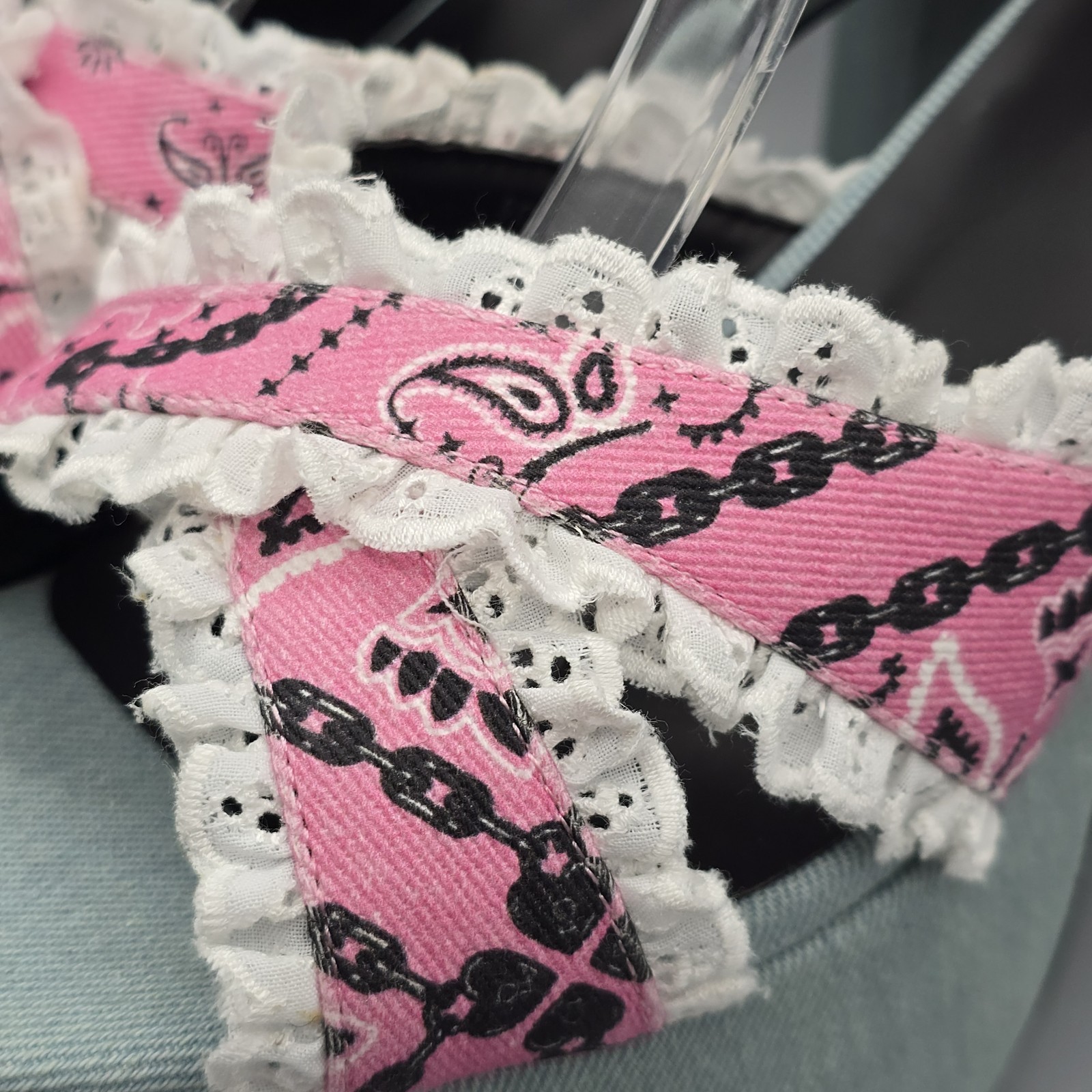 Dolls Kill Denim Pink Bandana Eyelet Platform Heels by Sugar Thrillz Size 9 M