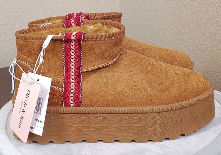 Olivia & Kate Chestnut Faux Fur Lined Platform Booties Women’s Size 10 Tan