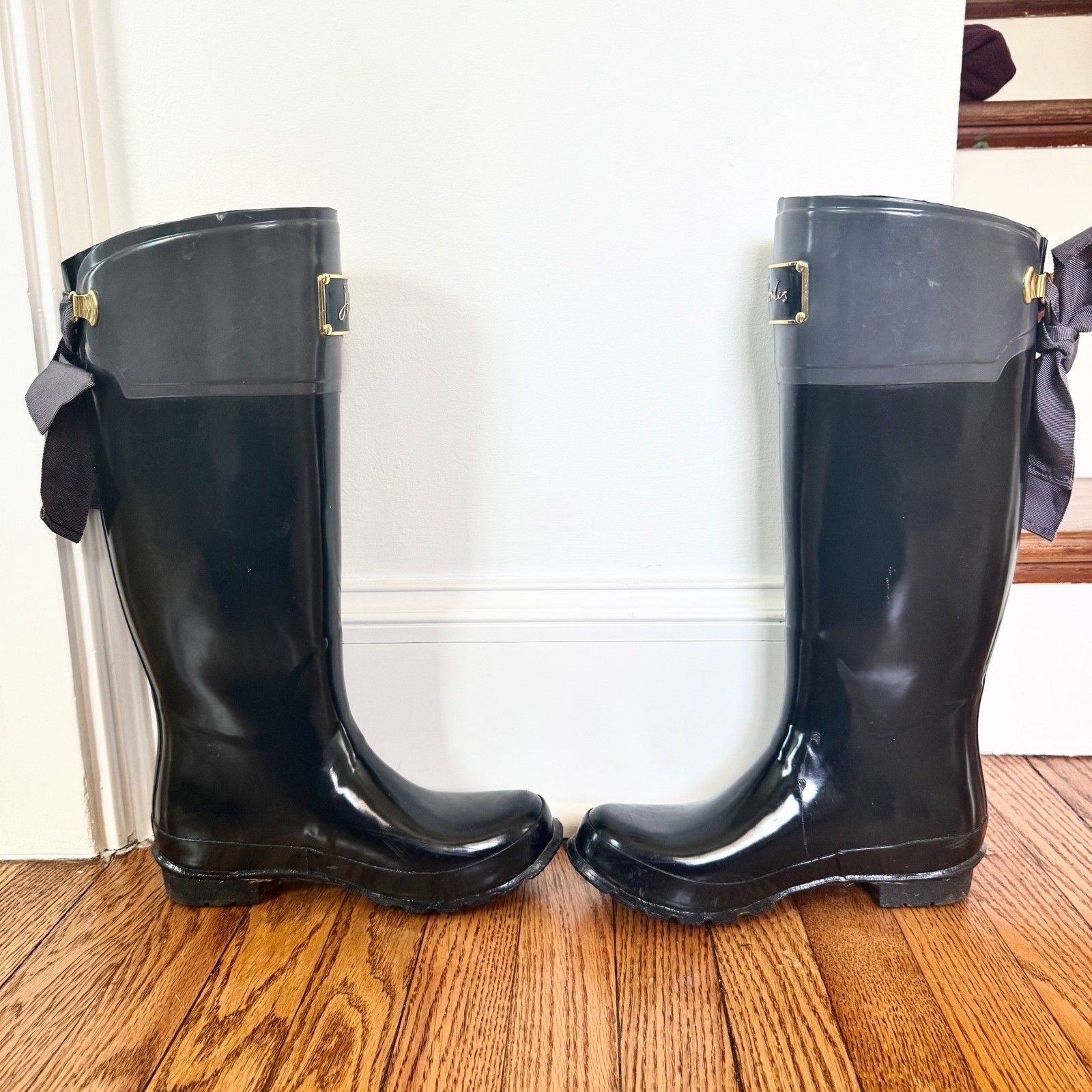 Joules Evedon Rain Boots Womens 8 Black Bow Back Waterproof Tall