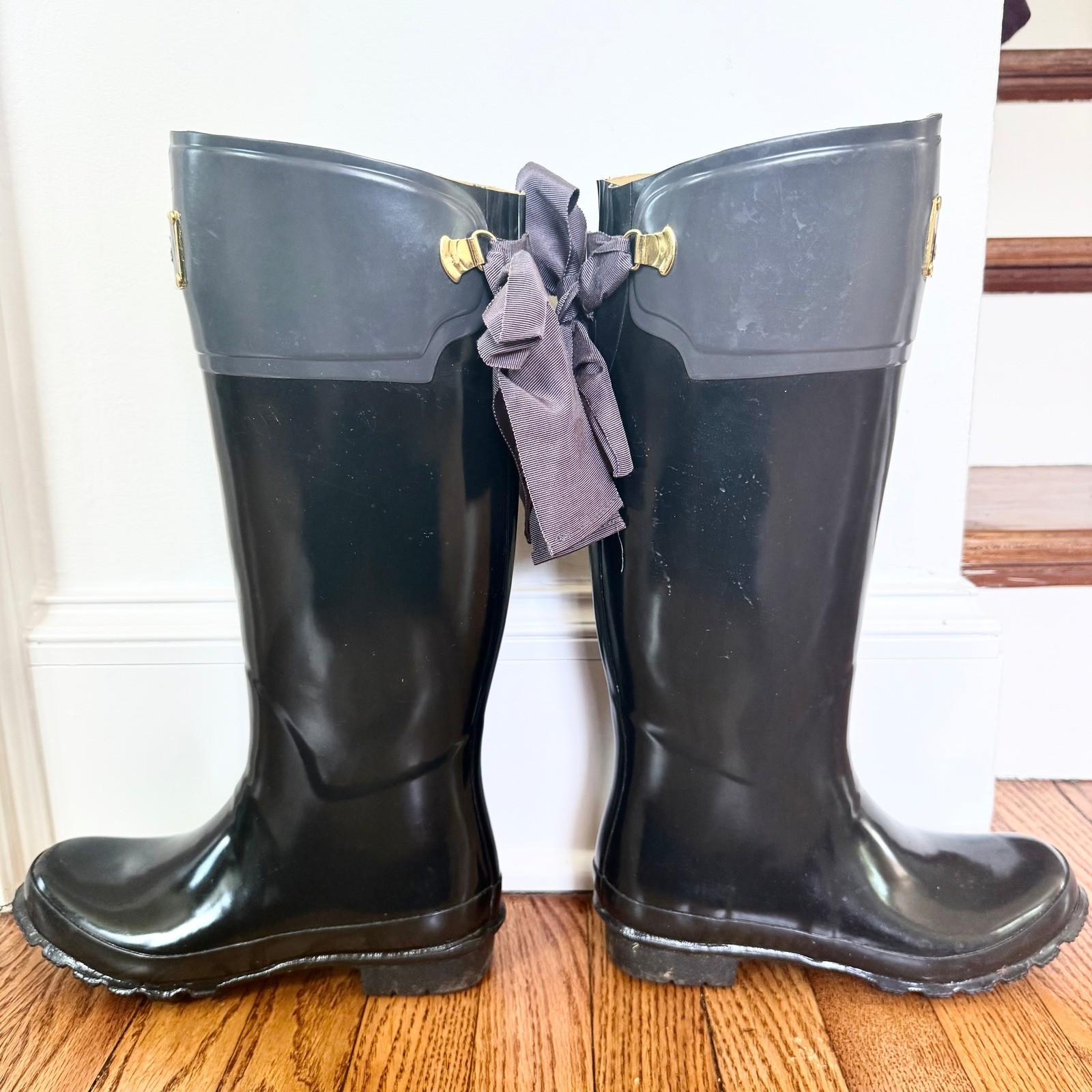 Joules Evedon Rain Boots Womens 8 Black Bow Back Waterproof Tall