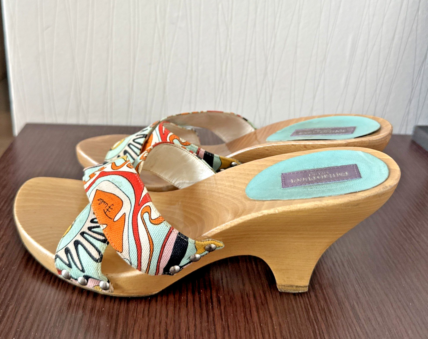 Emilio Pucci Wooden Wedge Sandals Multicolor Abstract Pattern Size 38 ITALY