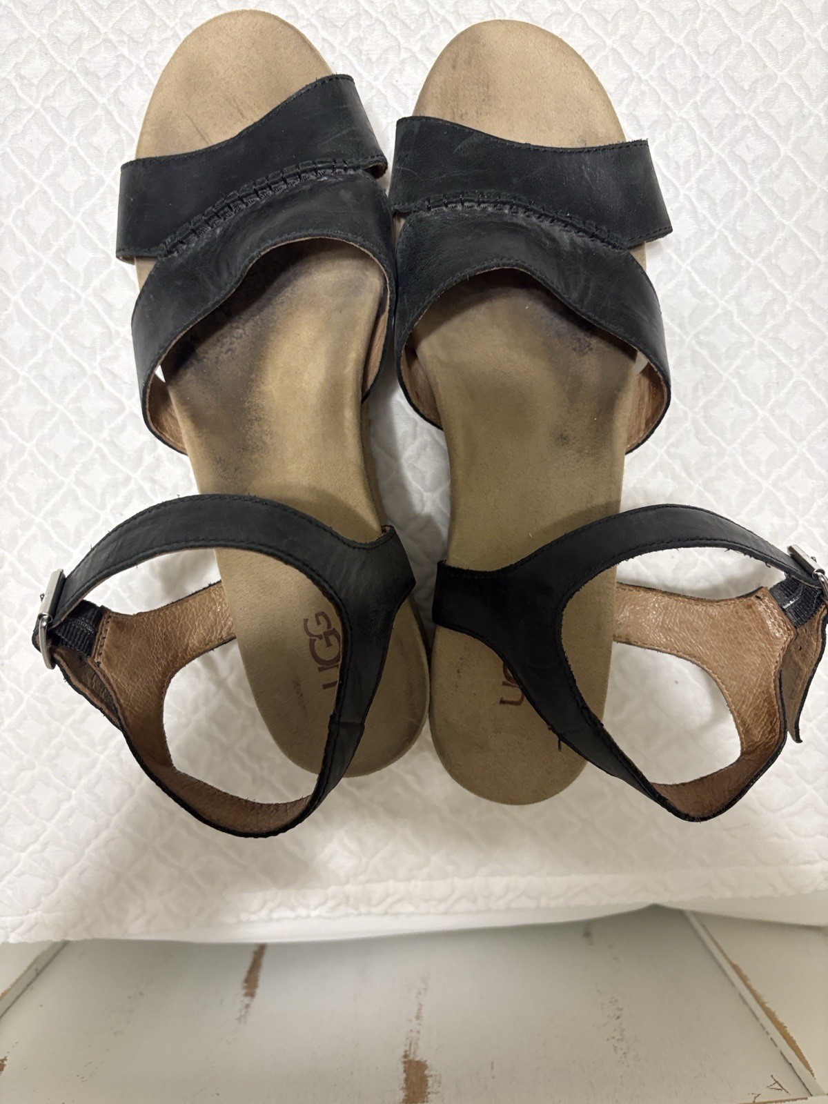 Tom’s Women’s Black Leather Wedge Sandals Ankle Strap Buckle Casual US 10