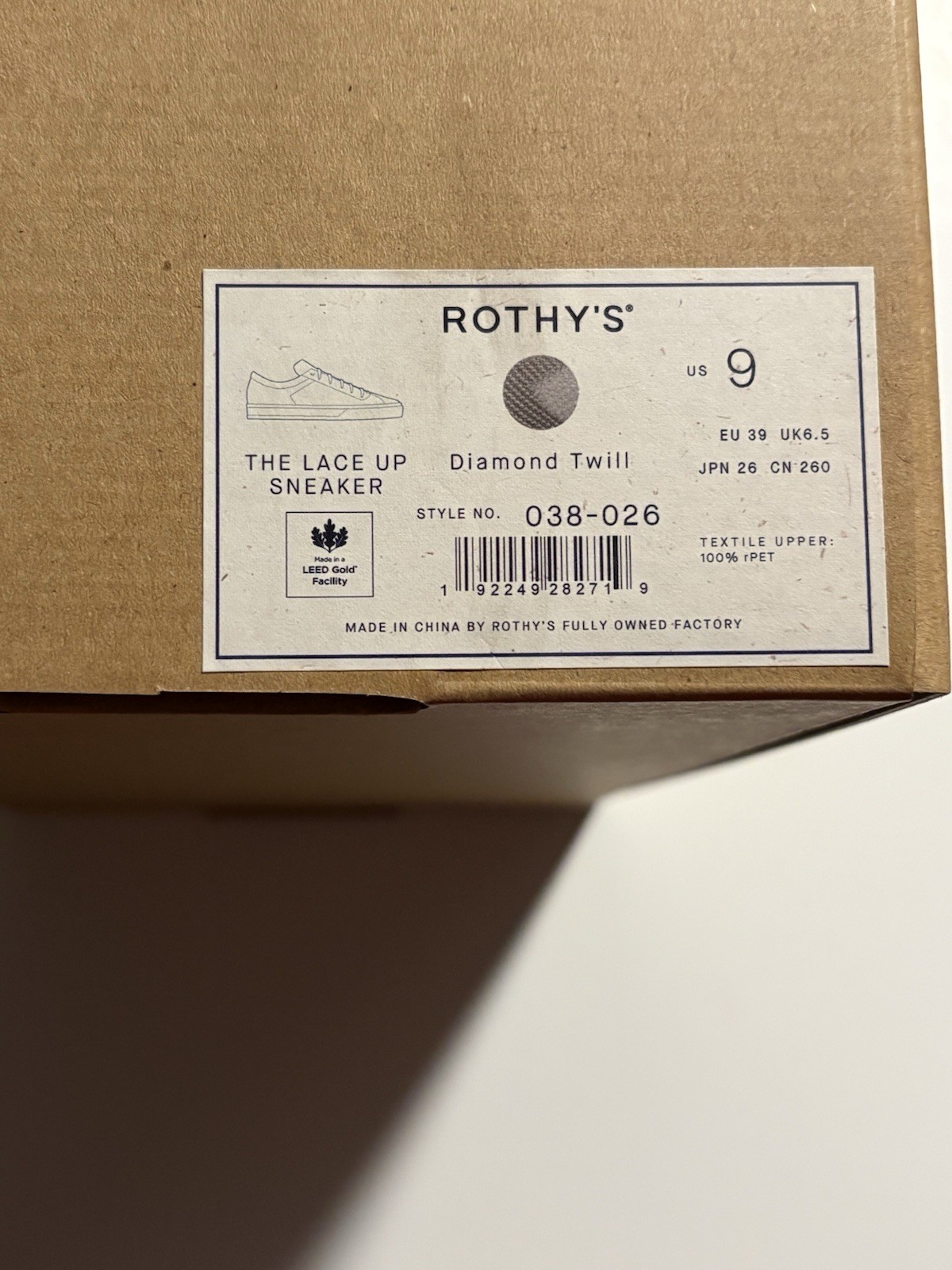 Rothy’s Lace up Sneakers, Diamond Twill size 9 New in Box.