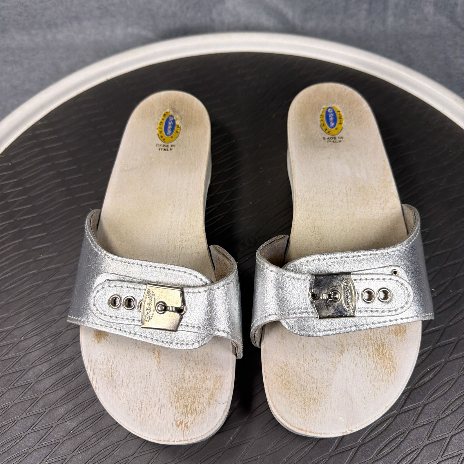 Dr Scholls Original Sandals Womens 6.5 Silver Platform Slides Buckle