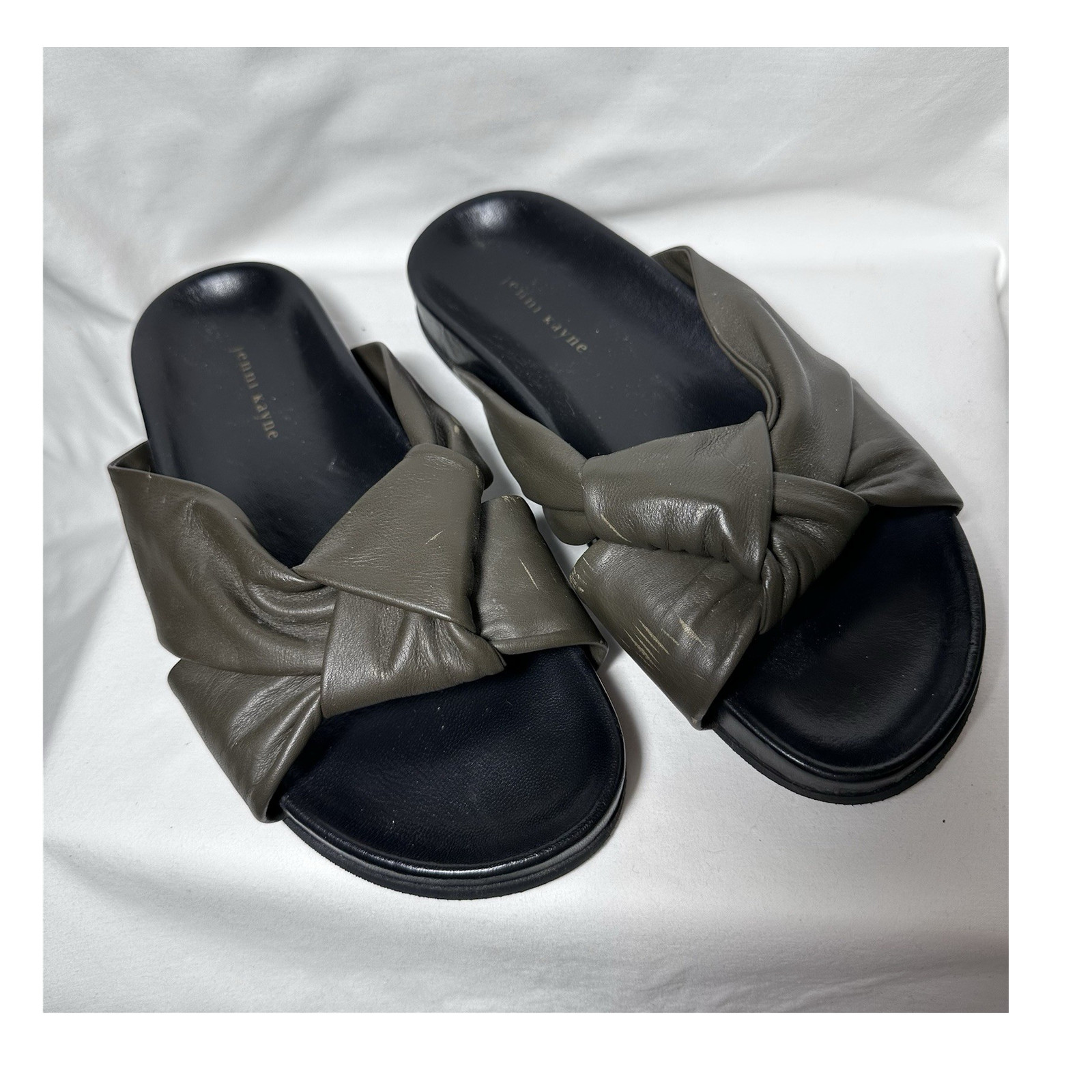 Jenni Kayne Olive Leather Knotted Slip-On Slide Sandals Women Sz 10 Beach Casual