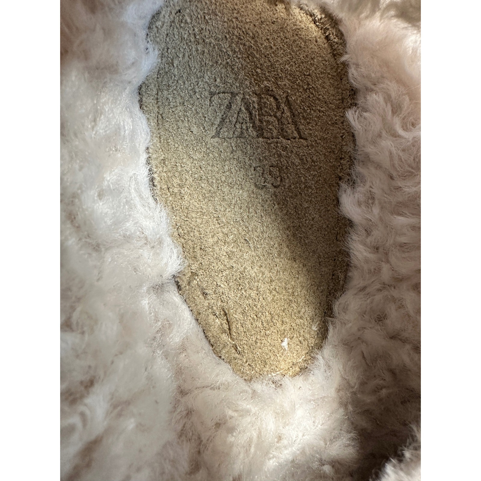 ZARA Women’s Fur Lined Buckle Strap Flat Sandals Tan Size US 8 EUR 39