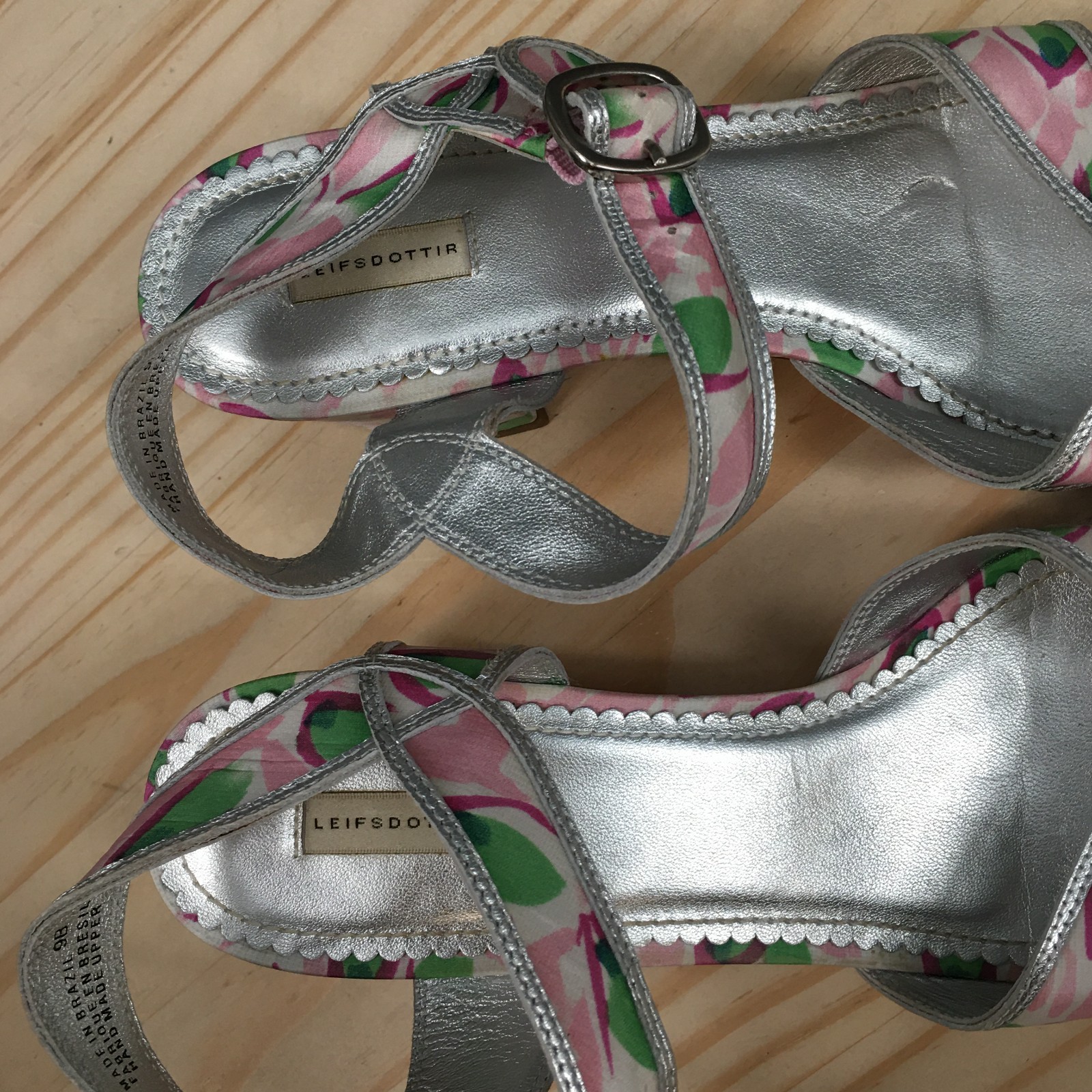 Leifsdottir Floral Strappy Block Heels Sandal Womens 9B Silver Metallic Casual