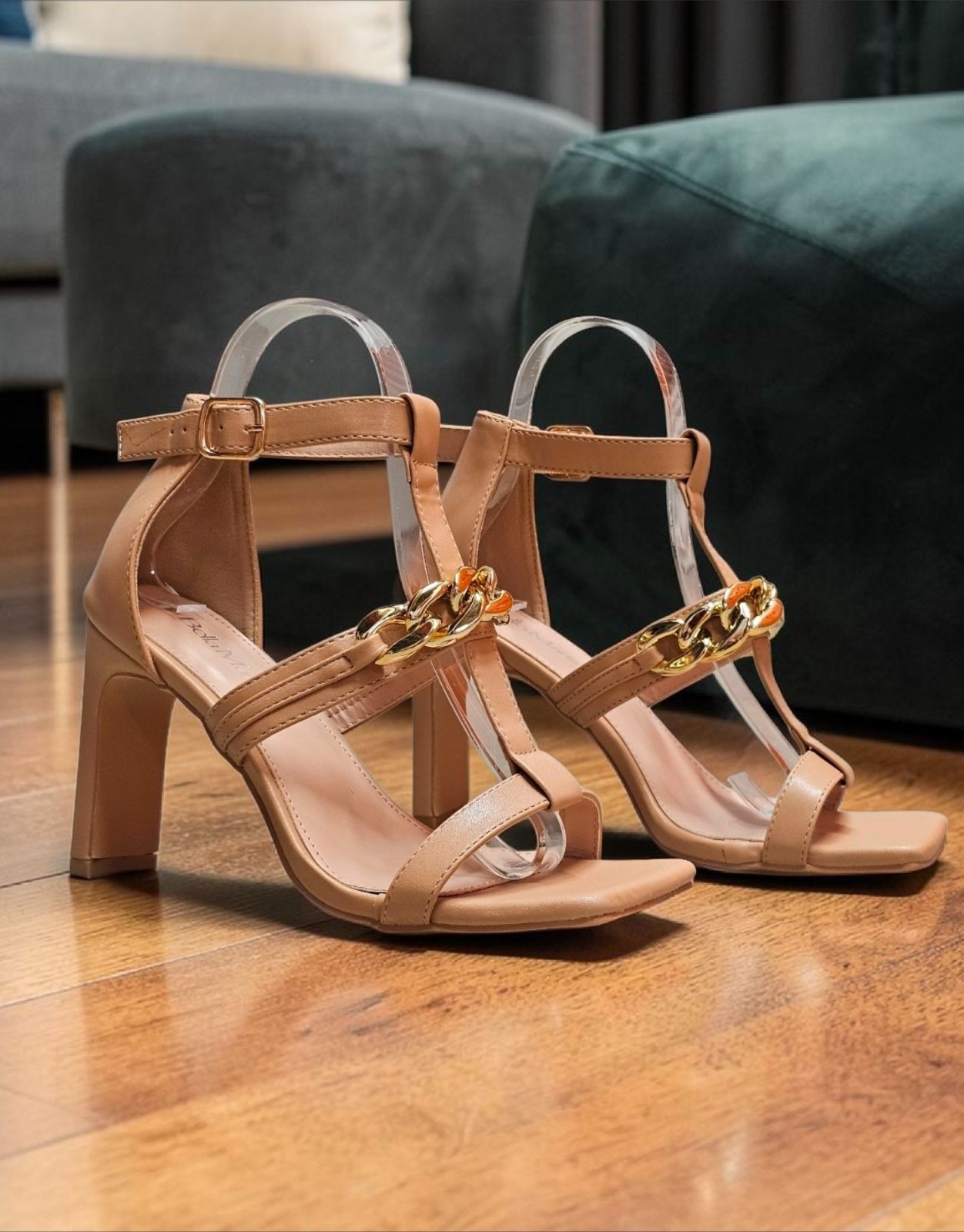Gold Chain Accent Nude High Heel Sandals With Buckle Strap