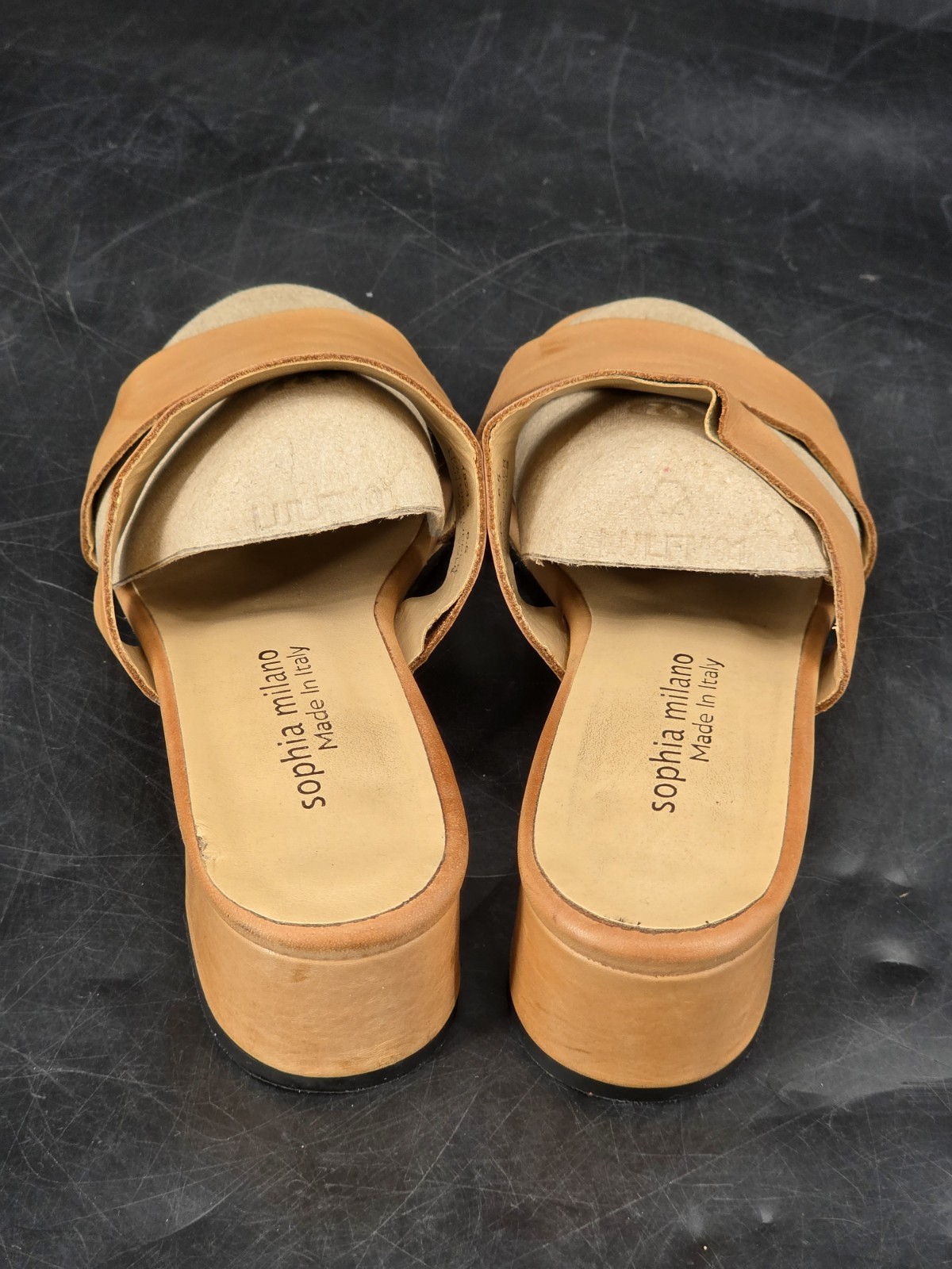 Sophia Milano Tan Leather Open Toe Block Heel Sandal 6.5 Made In Italy