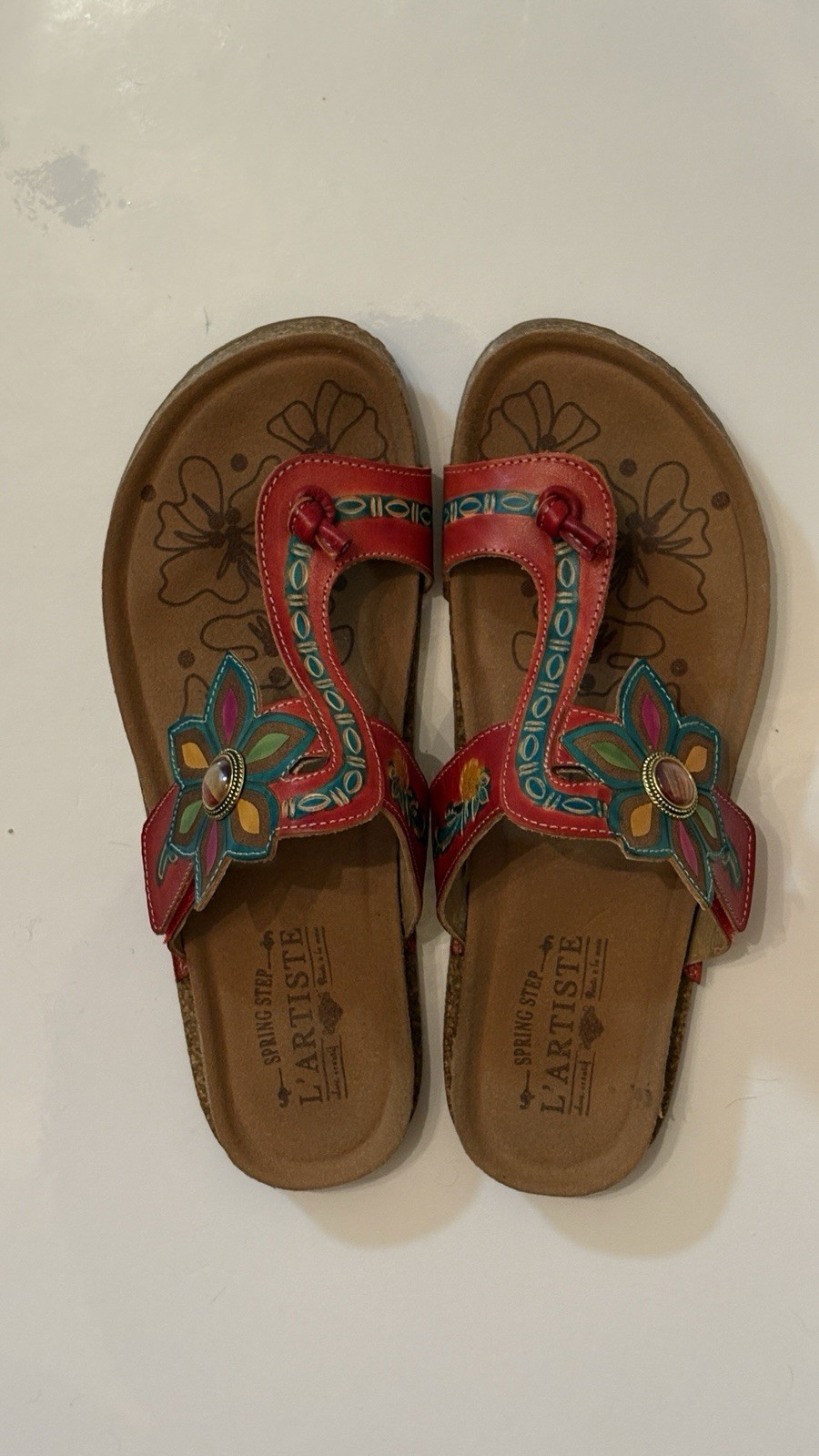 L’Artiste Spring Step Akati Sandals Womens [Size] Red Leather Floral Thong Flat