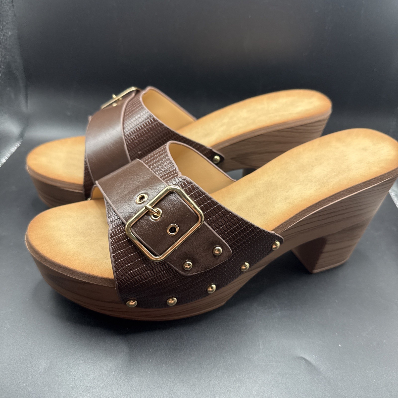 Brown Platform Clogs With Buckle And Faux Wood Heel Summer Sandals EUR 41
