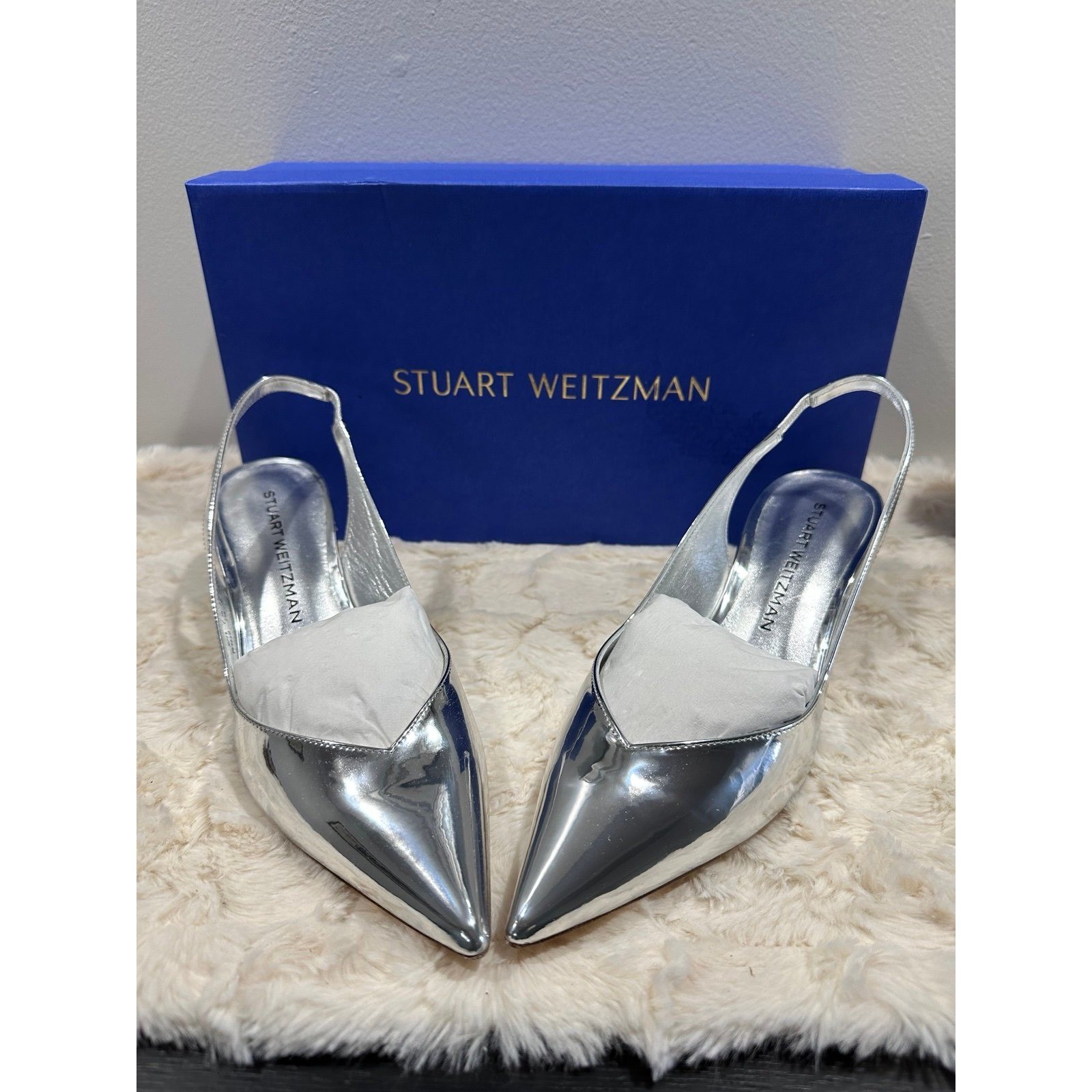 Stuart Weitzman Silver Slingback Pumps | Pointed Toe Heels Luxury Modern Glam