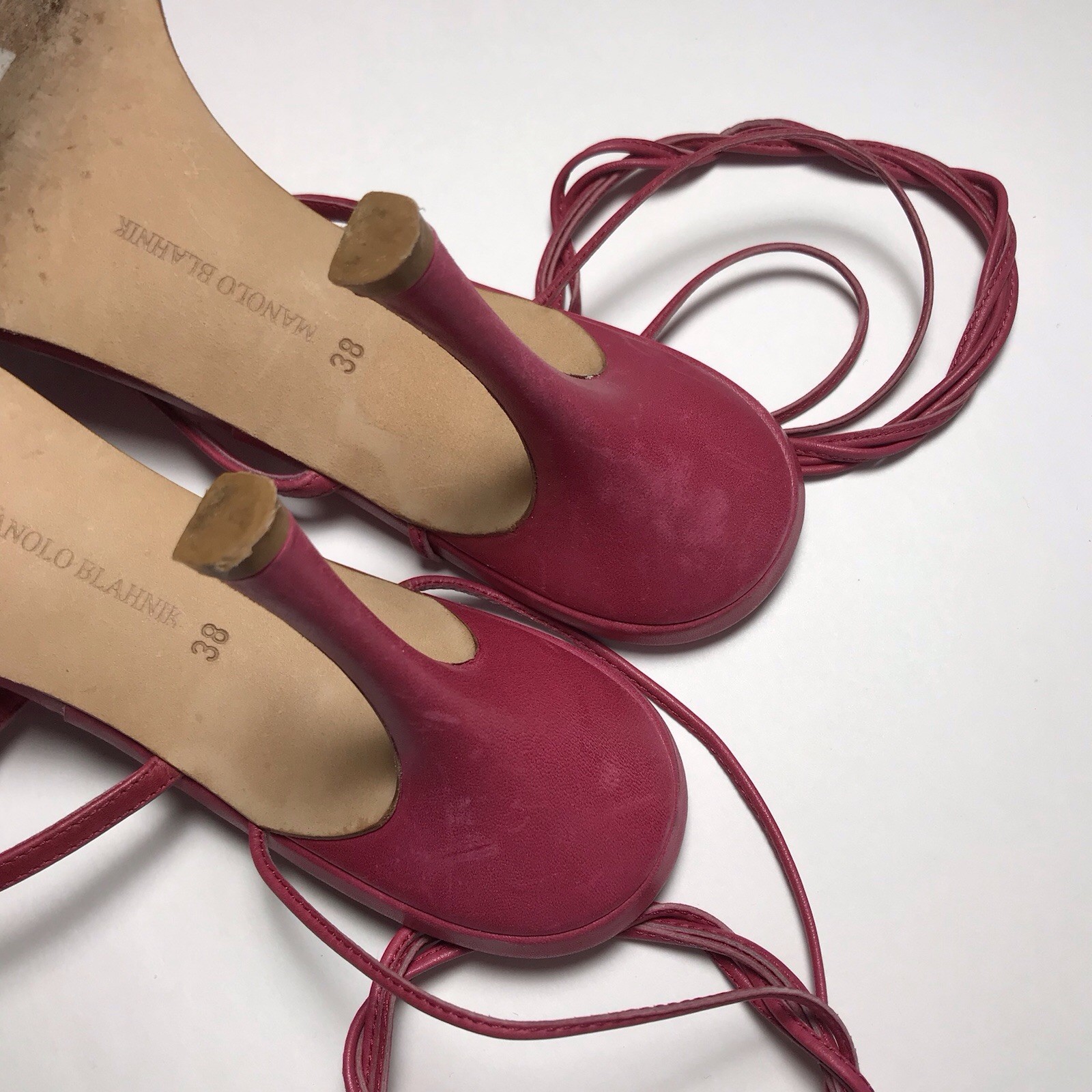 Manolo Blahnik Y2K Vtg Pink Beaded Ring Strappy Ankle Lace Stiletto Sandals 38