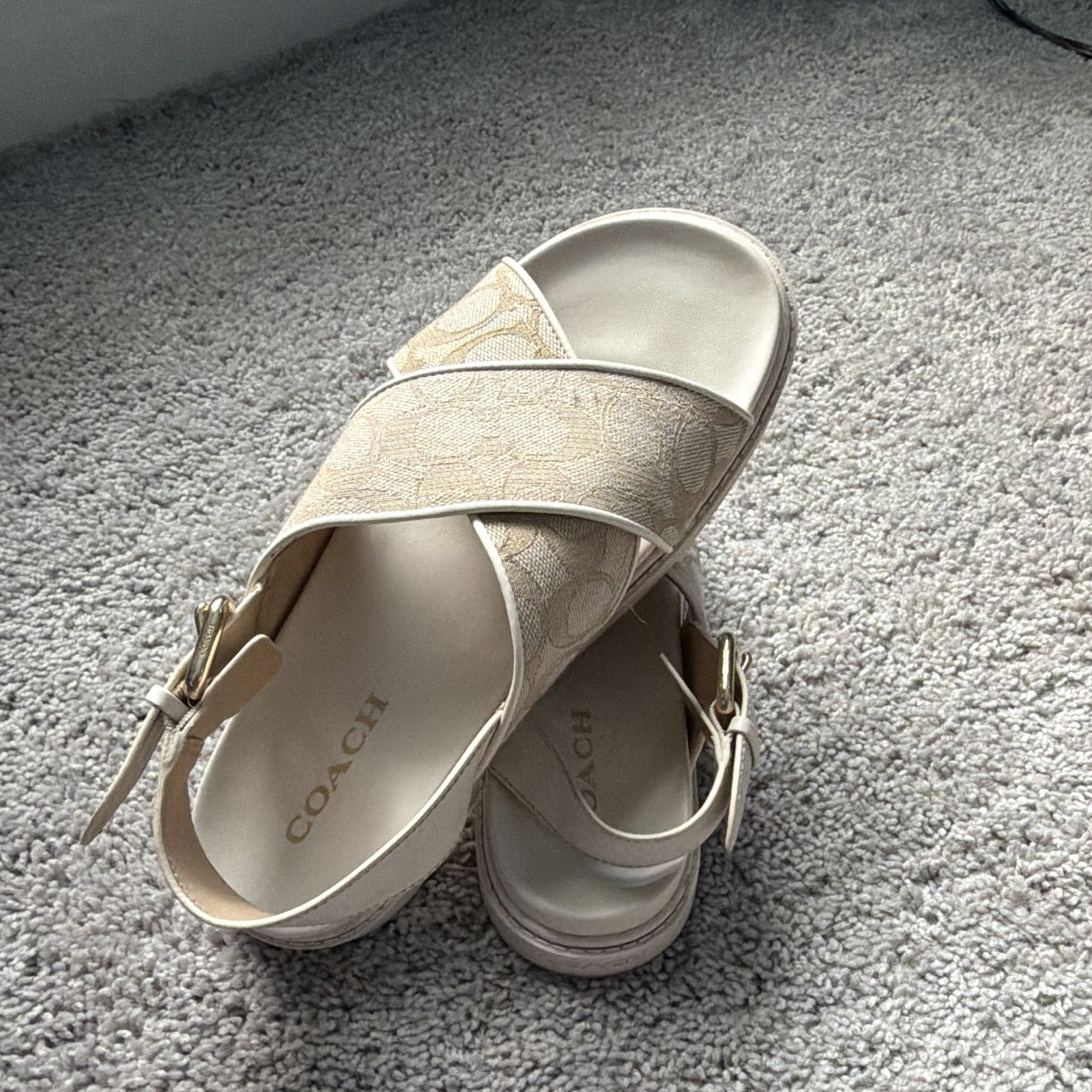 Coach Signature Canvas Strappy Buckle Ankle Strap Sandals Beige/Ivory 6